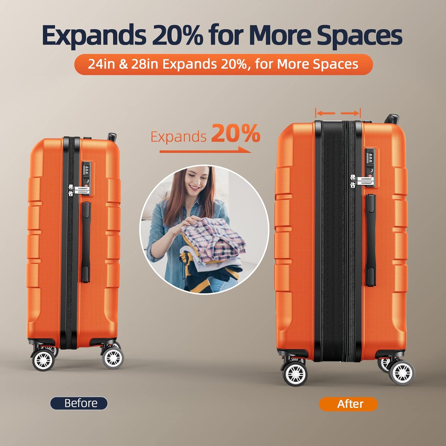 SHOWKOO Expandable Luggage Sets Durable ABS Suitcase Double Wheels Size DEMO - Image 5