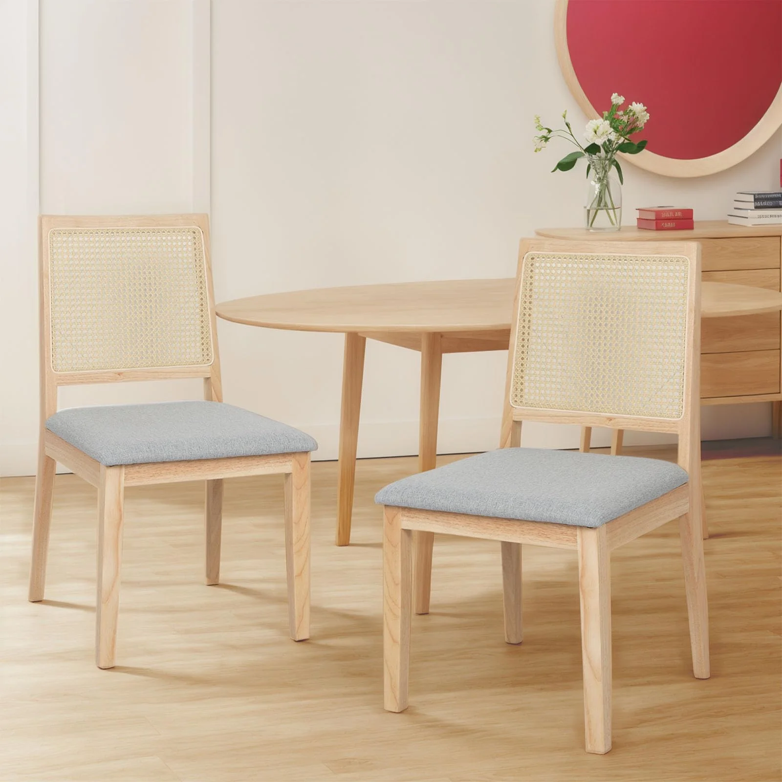 Levede Farmhouse Rattan Dining Chairs Set of 2 Natural Wood Size 49cm x DEMO