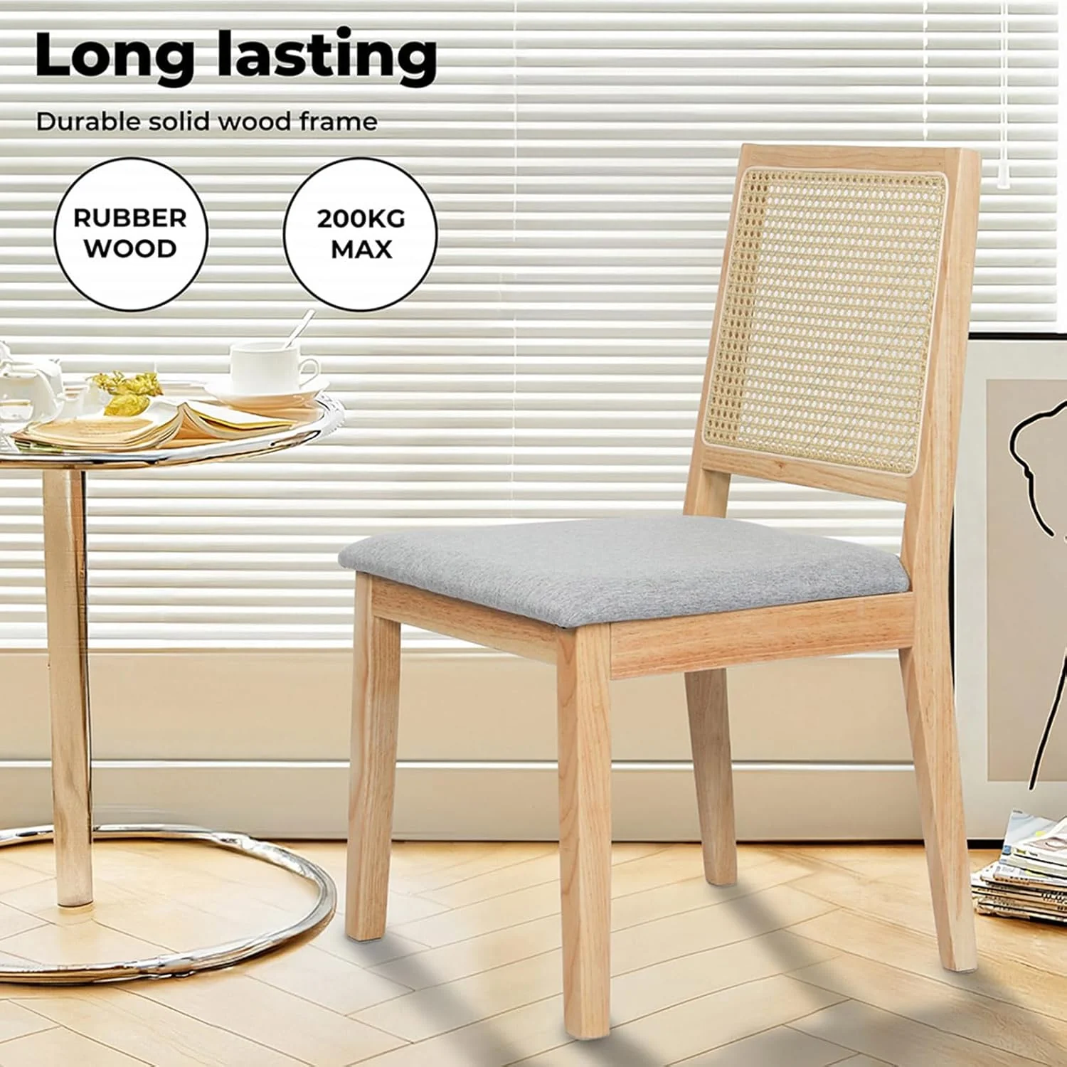 Levede Farmhouse Rattan Dining Chairs Set of 2 Natural Wood Size 49cm x DEMO - Image 6