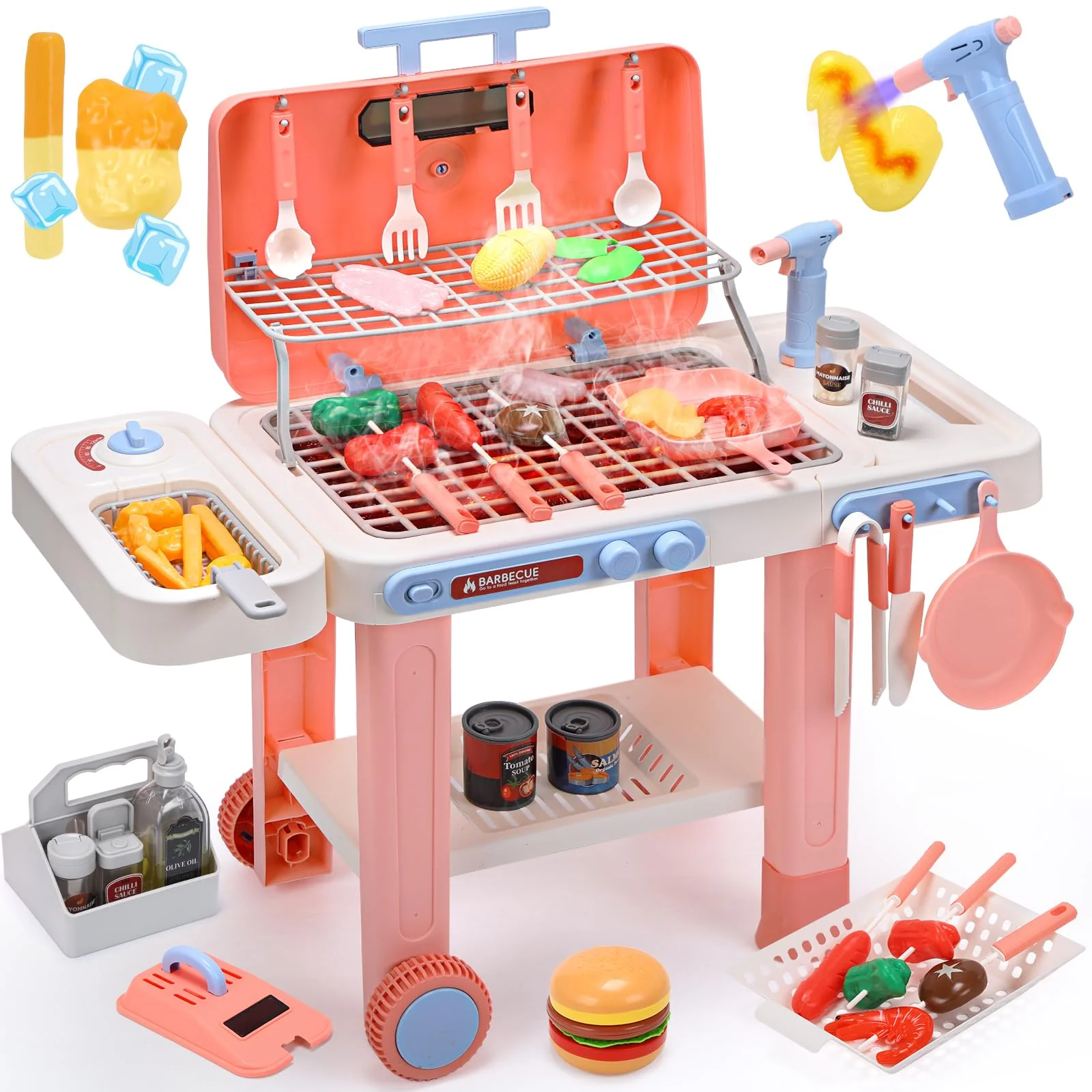 Cute Stone Kids Kitchen Playset Toy Grill with Color Changing Food Pink NEW
