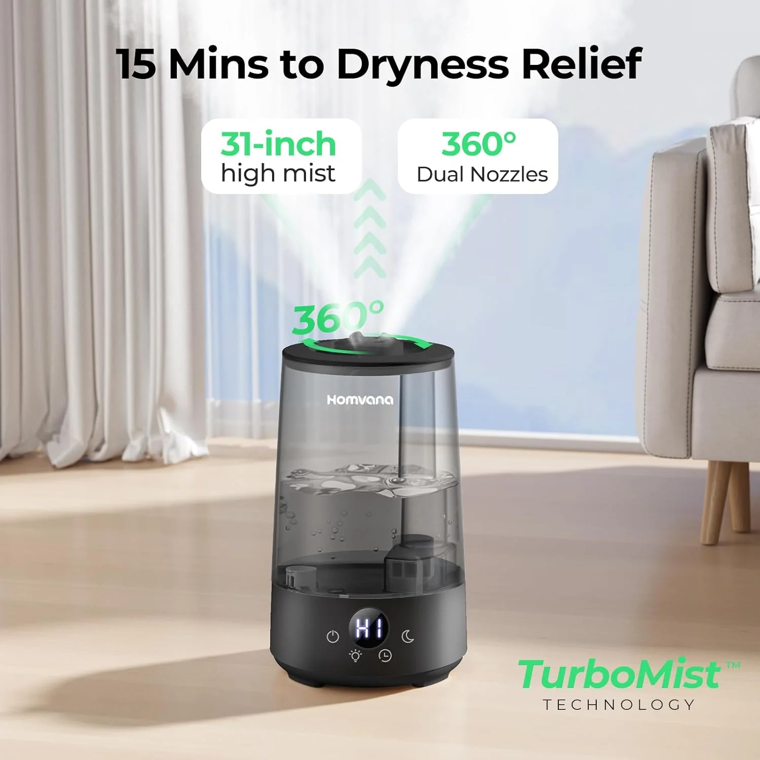 Homvana 3.6L Top-Fill Cool Mist Single Room Humidifier for Home, Grey NEW - Image 2