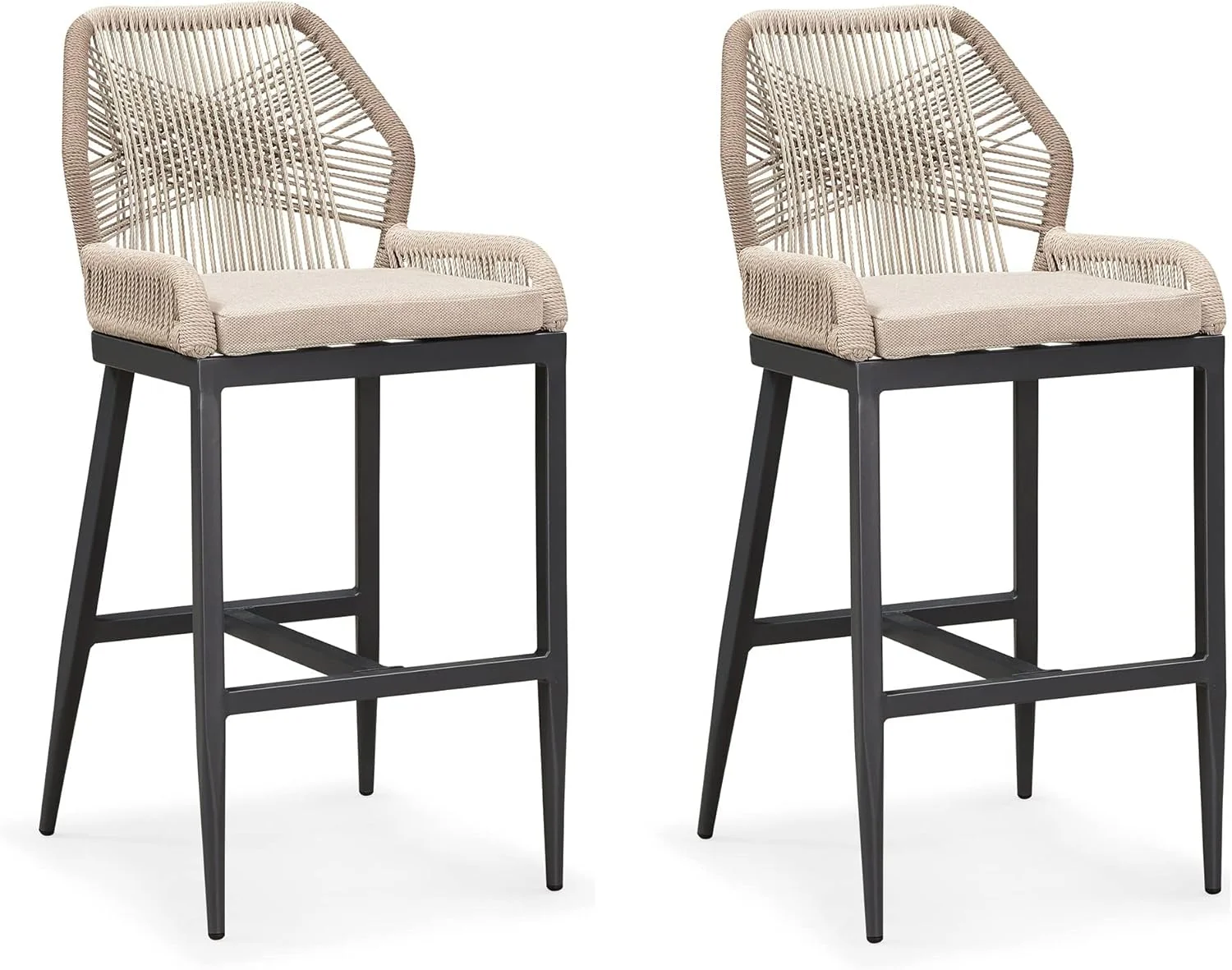 Rattan Barstools Set of 2 Outdoor Chairs with Backrest Dark Grey Classic NEW - Image 4
