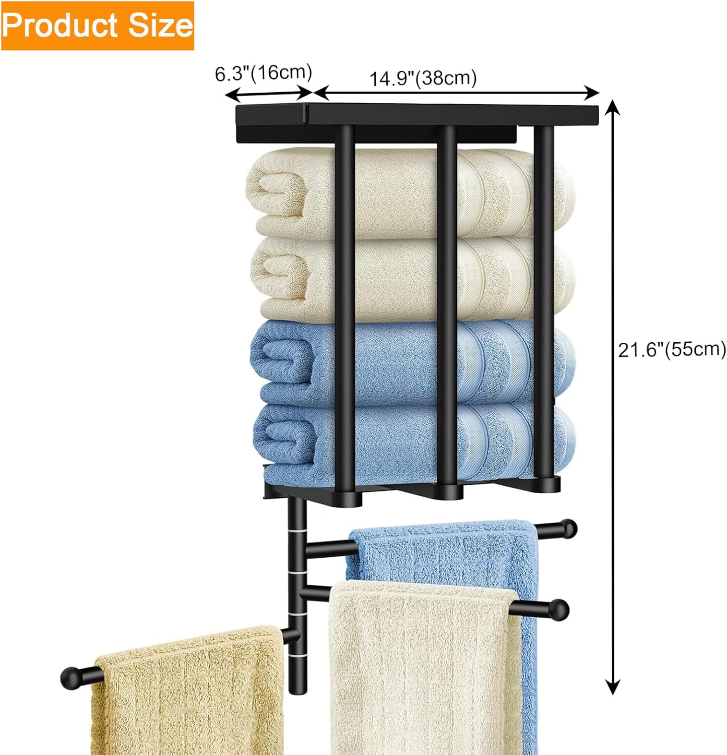 Uptyia 3-Arm Bathroom Towel Bar with Shelf Storage Rack in Black - DEMO - Image 4