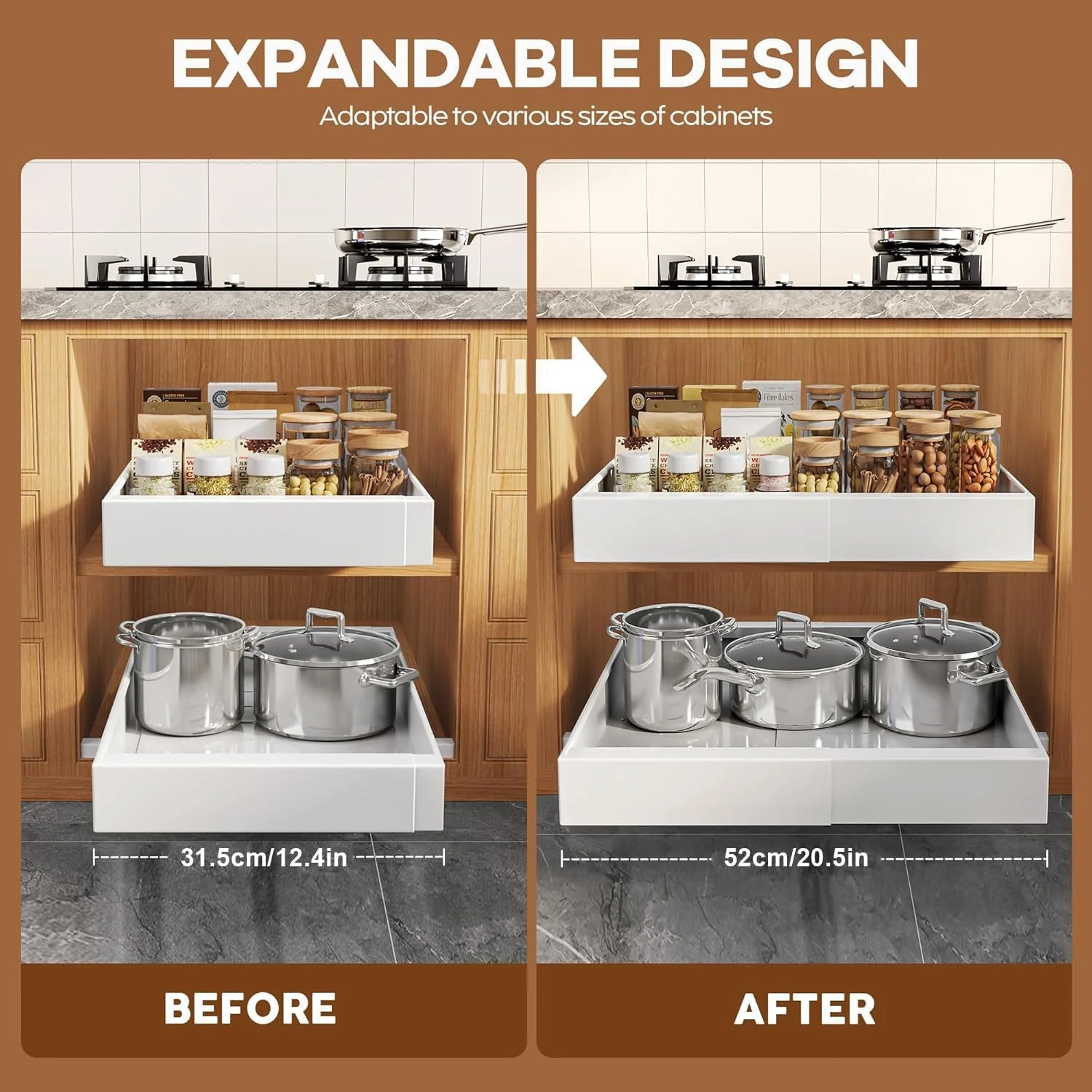 OABKIY Expandable Pull Out Cabinet Organizer 12.4"-20.5" Kitchen Storage DEMO - Image 4