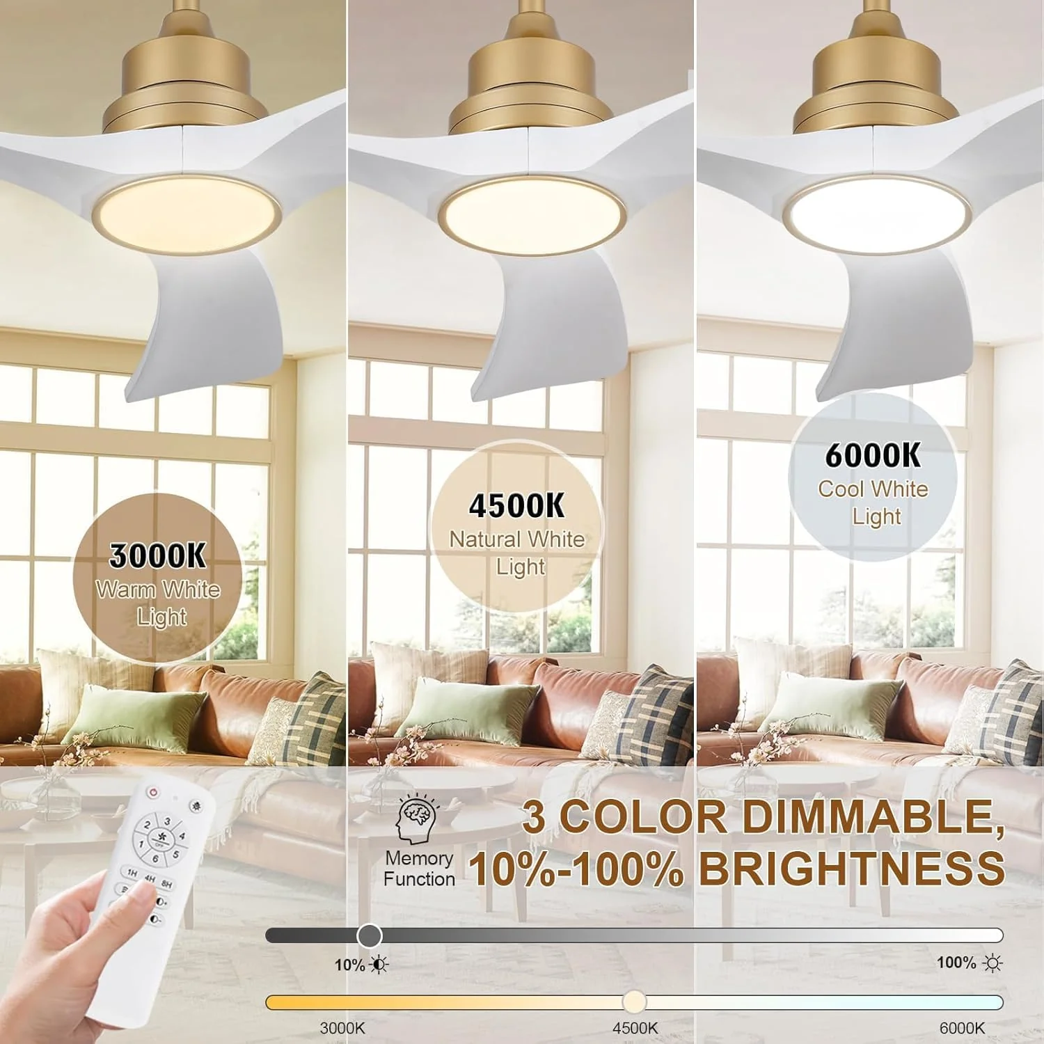 OMYU 42 Inch Gold White Ceiling Fan with Light and Downrod Mount Size 42 DEMO - Image 3