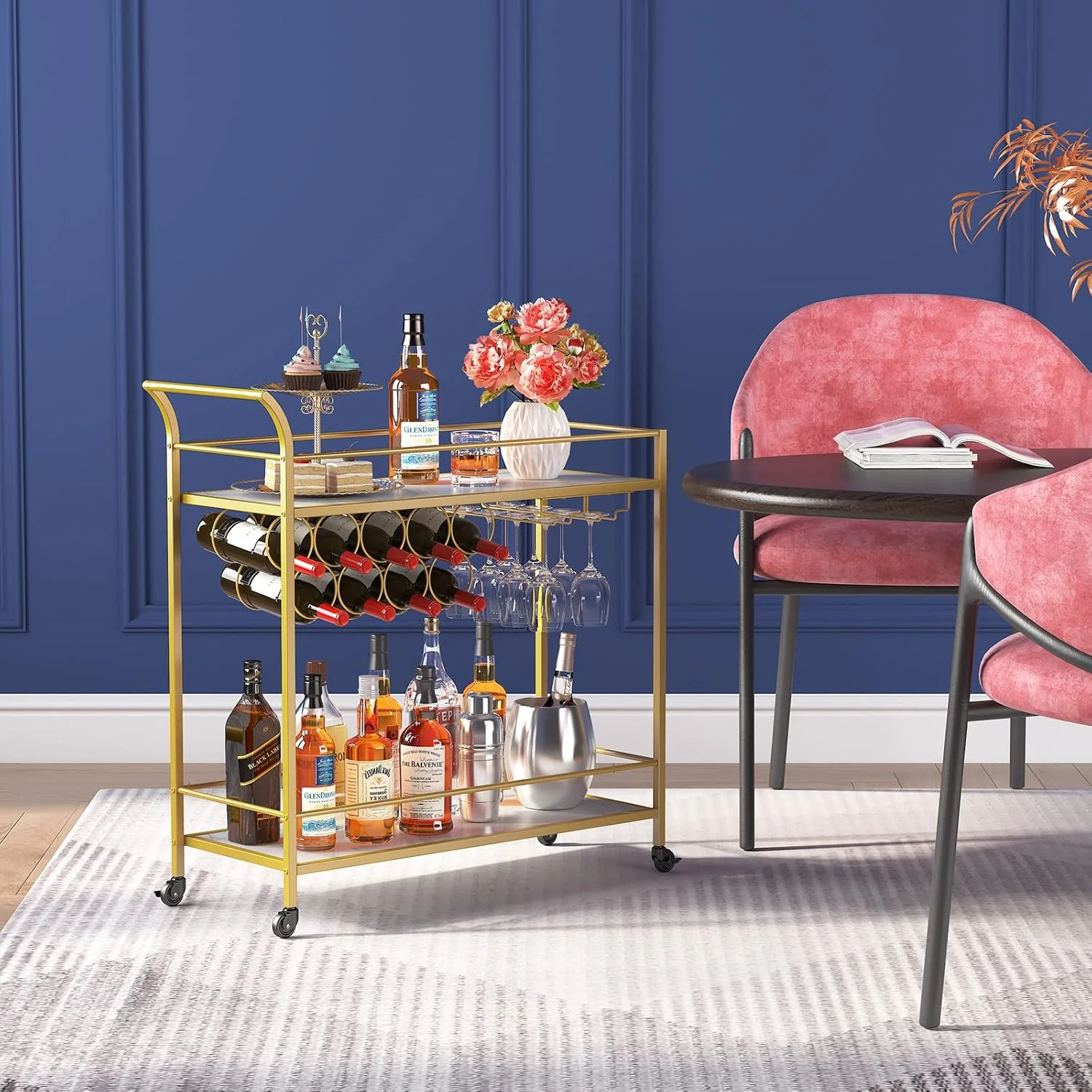 Lifewit 2-Tier Bar Cart with 9 Wine Bottle Racks Serving Trolley Gold DEMO - Image 2