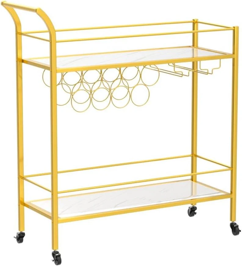 Lifewit 2-Tier Bar Cart with 9 Wine Bottle Racks Serving Trolley Gold DEMO - Image 4