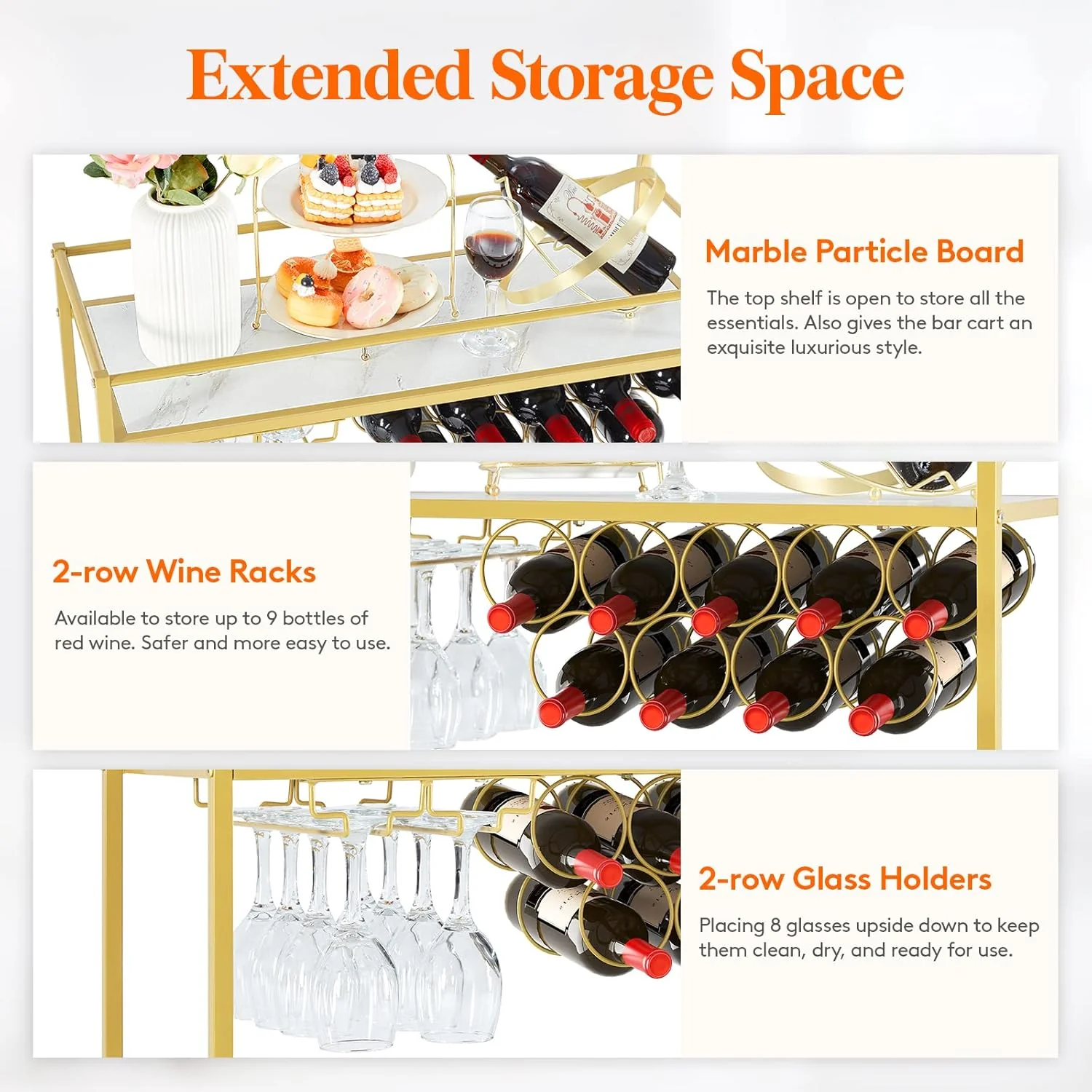 Lifewit 2-Tier Bar Cart with 9 Wine Bottle Racks Serving Trolley Gold DEMO - Image 5