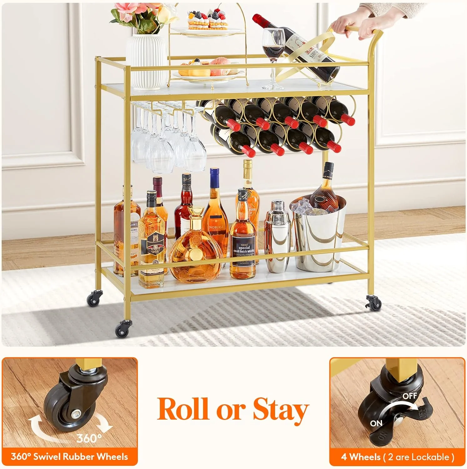 Lifewit 2-Tier Bar Cart with 9 Wine Bottle Racks Serving Trolley Gold DEMO - Image 6