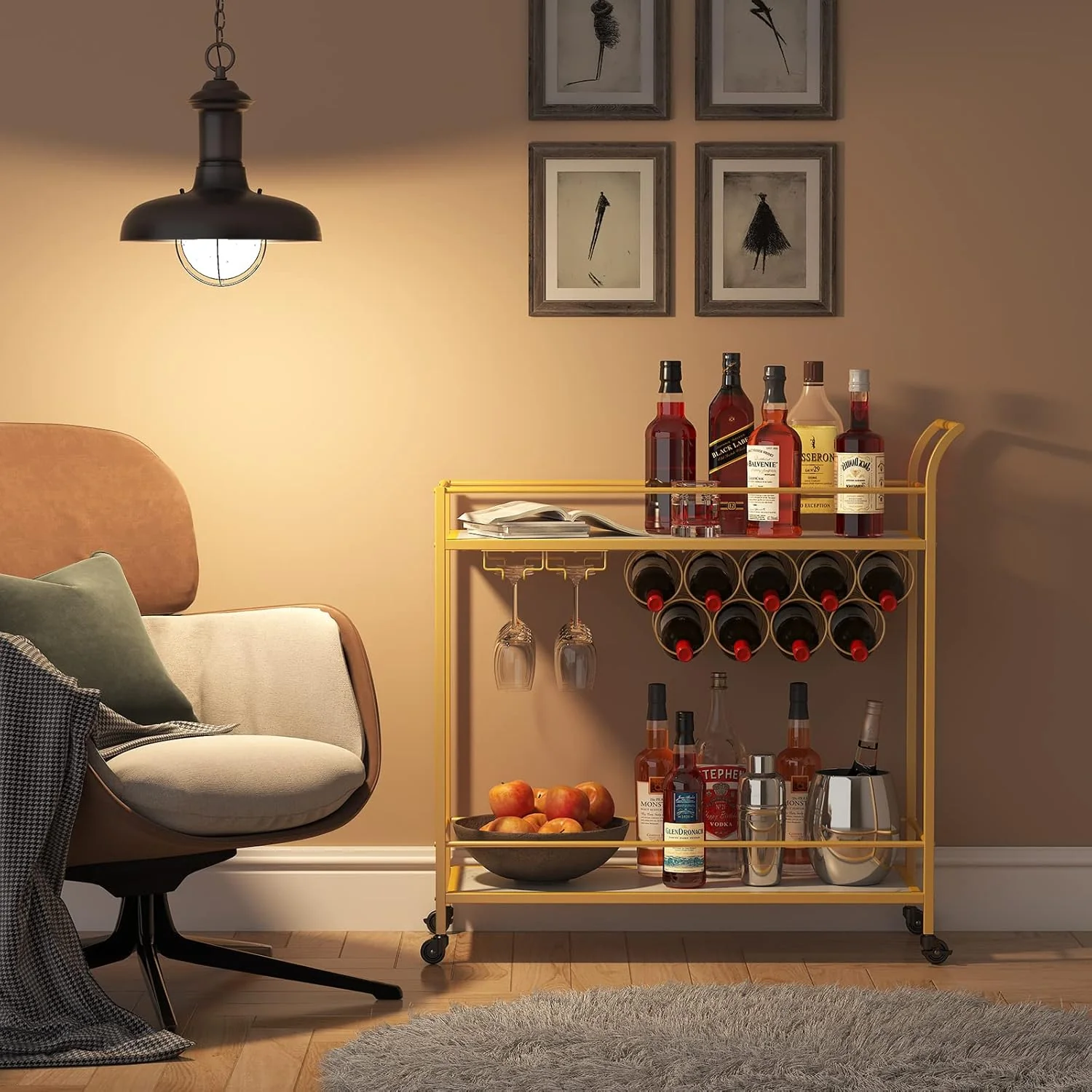 Lifewit 2-Tier Bar Cart with 9 Wine Bottle Racks Serving Trolley Gold DEMO - Image 9