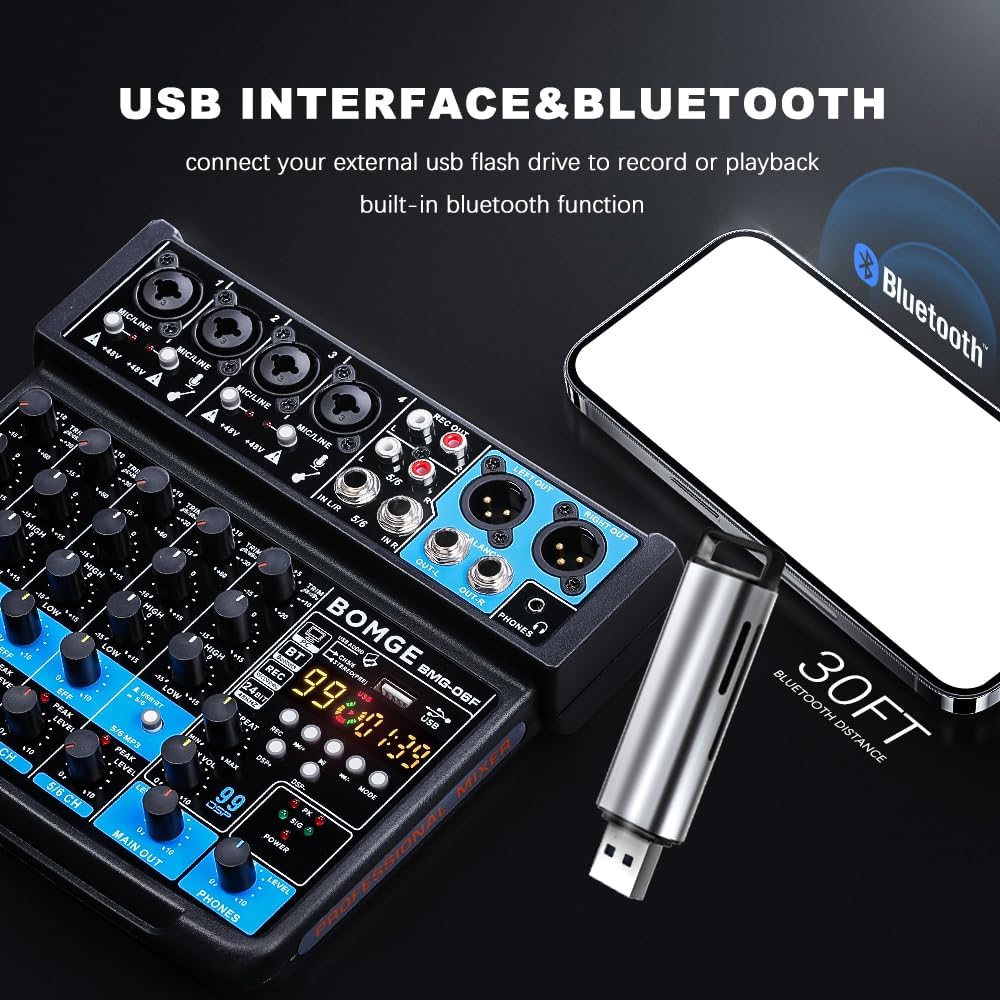 BOMGE 6-Channel DJ Mixers DJ Audio Mixer Console with USB Bluetooth DEMO - Image 2