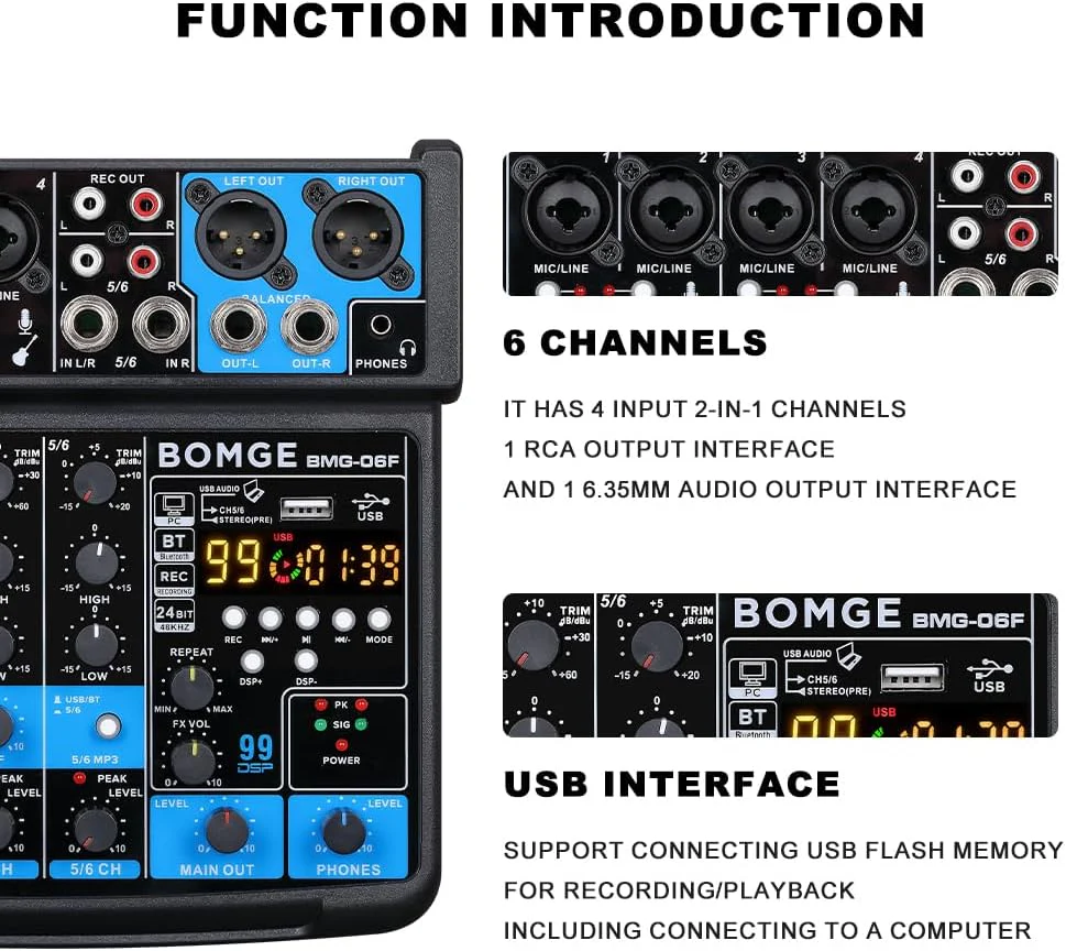 BOMGE 6-Channel DJ Mixers DJ Audio Mixer Console with USB Bluetooth DEMO - Image 6