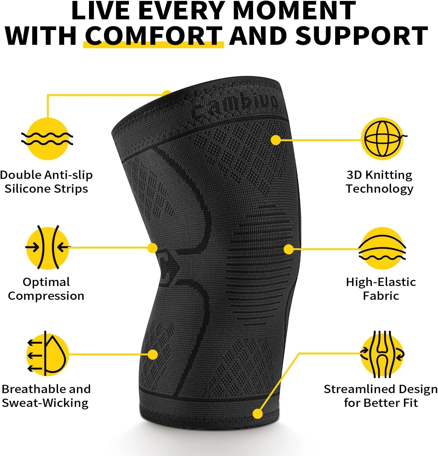CAMBIVO Knee Brace Compression Sleeve Support, Black, Medium Size, Braces NEW - Image 3