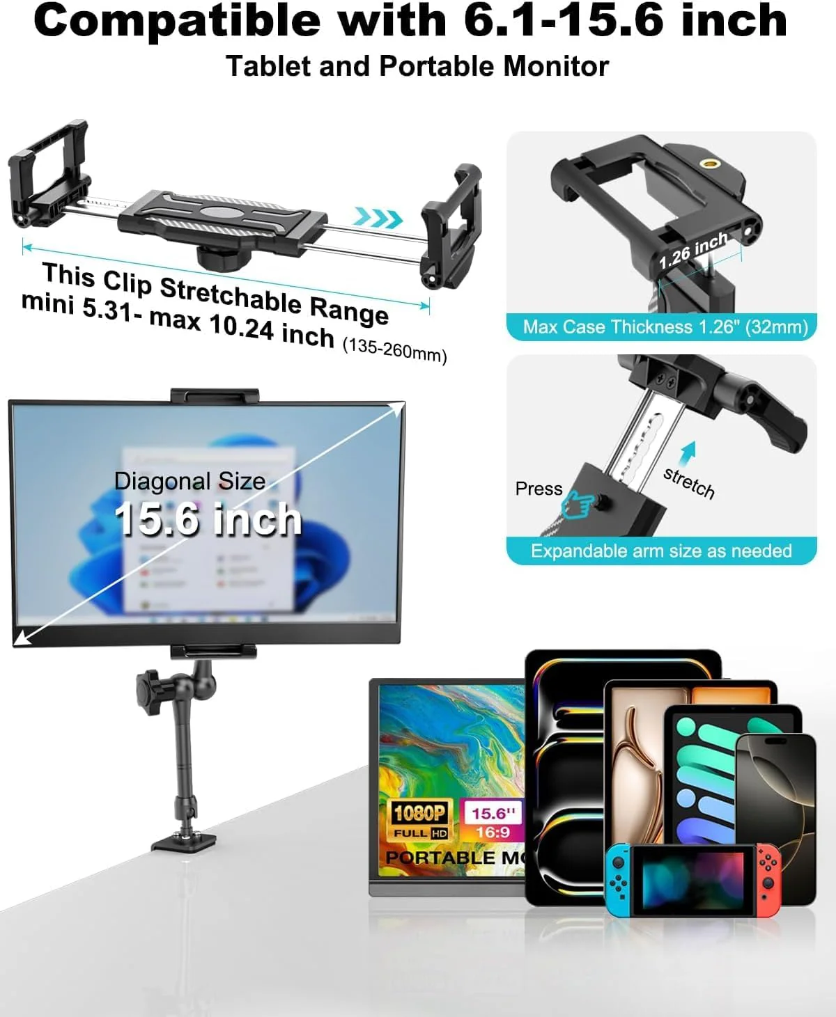 EXSHOW Adjustable Stands Metal Monitor Stand 360° Desk Mount for 15.6 Inch NEW - Image 4