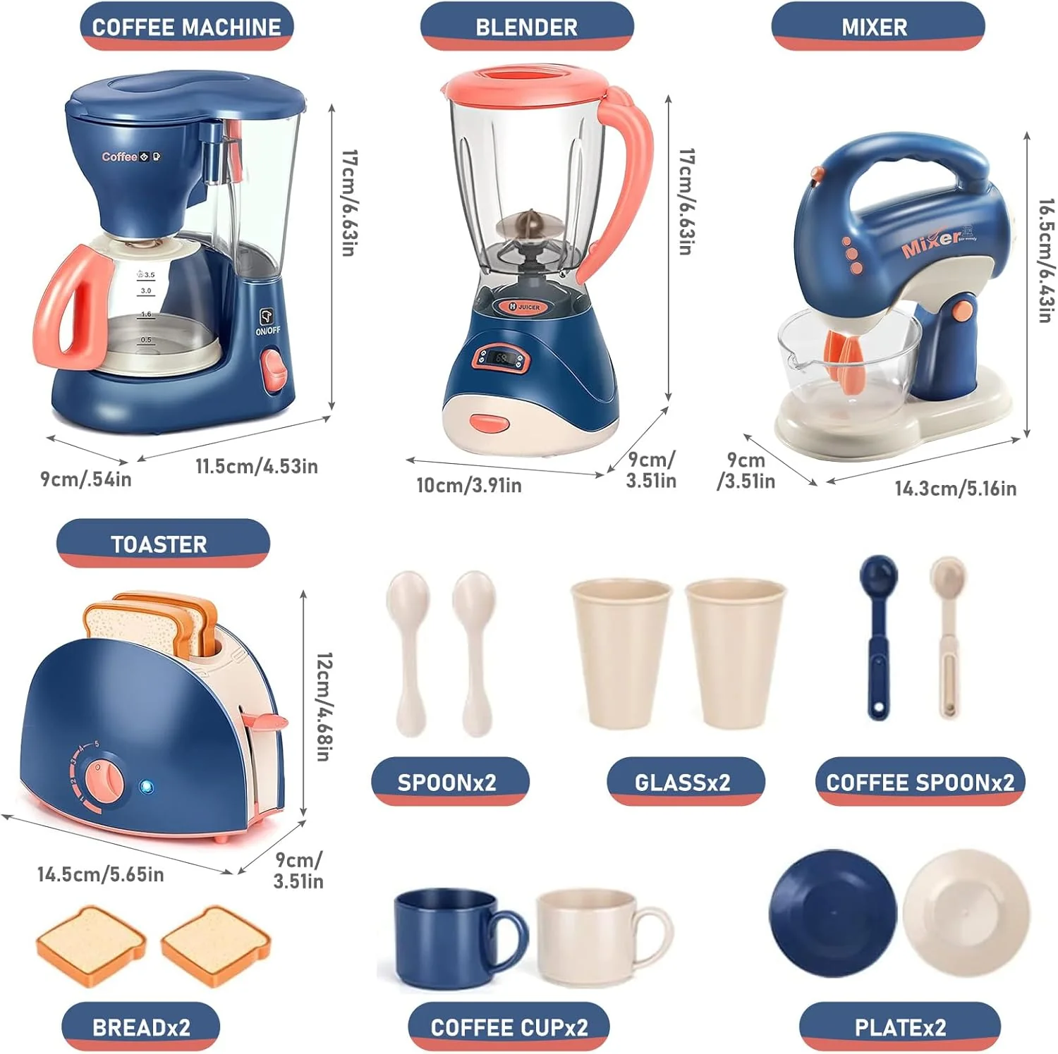 Blue Kids & White Kitchen Playset with Coffee Machine Toaster Blender Mixer NEW - Image 3