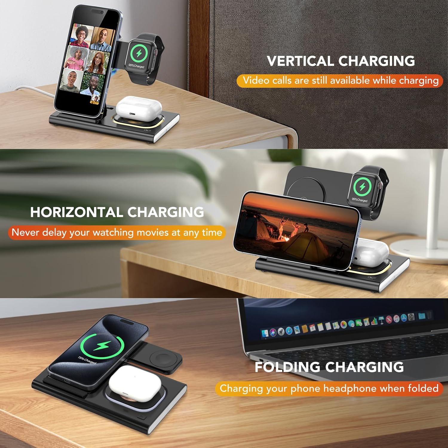 3-in-1 Foldable Fast Wireless Charging Station for iPhone Android Devices NEW - Image 8