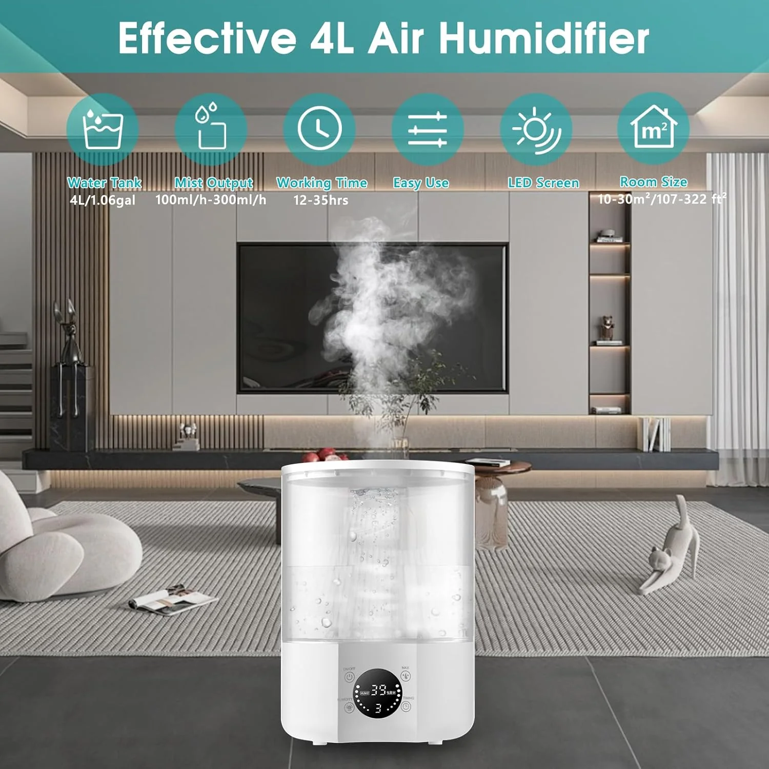 4L Ultrasonic Humidifiers Cool Mist Humidifier for Home, Quiet White Size 4L NEW - Image 2
