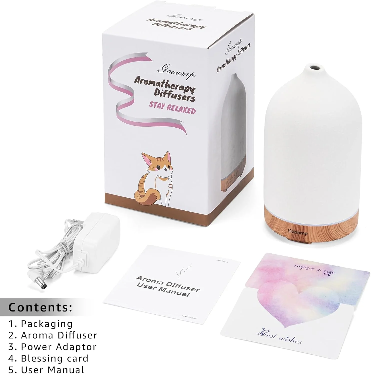 Gooamp 200ml Ceramic Aroma Essential Oil Diffuser for Home, Wood & White NEW - Image 7