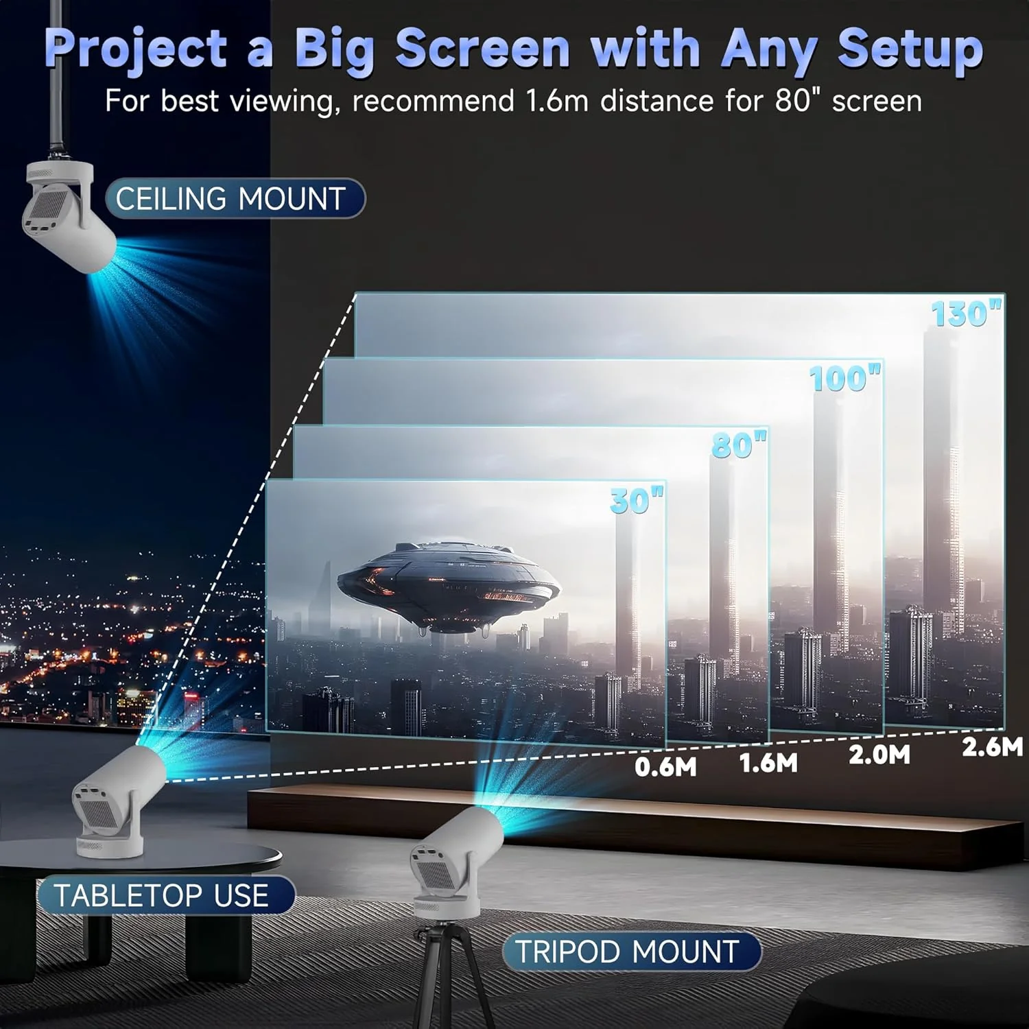 Portable 1080P/4K Projectors HD Projector with Electronic Focus - White - Image 3