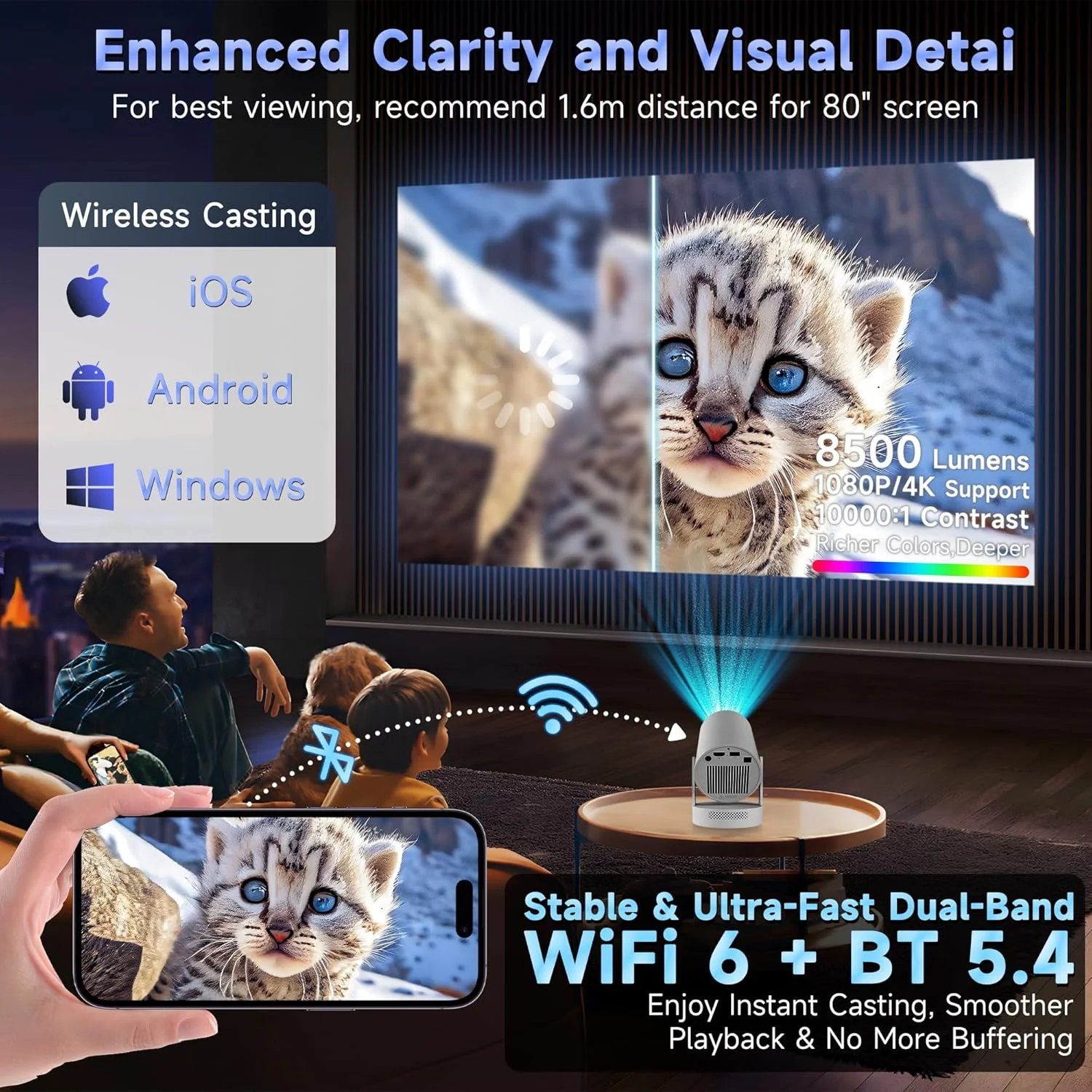 Portable 1080P/4K Projectors HD Projector with Electronic Focus - White - Image 4