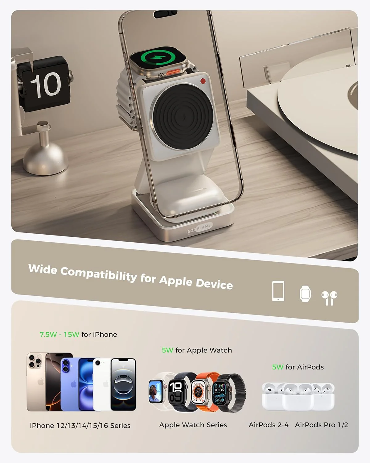 SOFLAME 3-in-1 Magnetic Wireless Charging Station for iPhone, AirPods & DEMO - Image 7