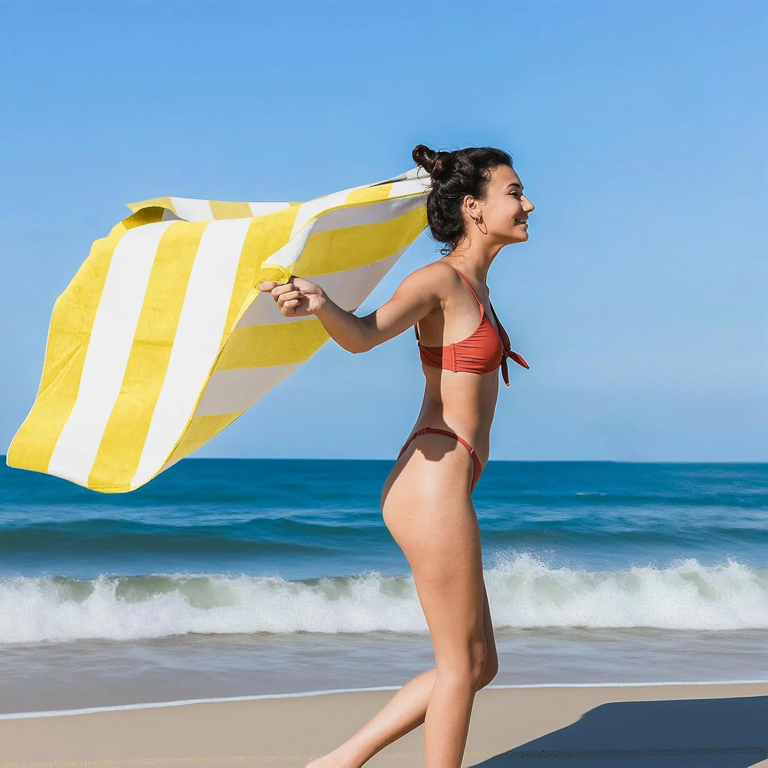 Ouxiaobai Oversized Beach Towel Soft Velour Striped Yellow Size 90 x 180cm NEW - Image 5