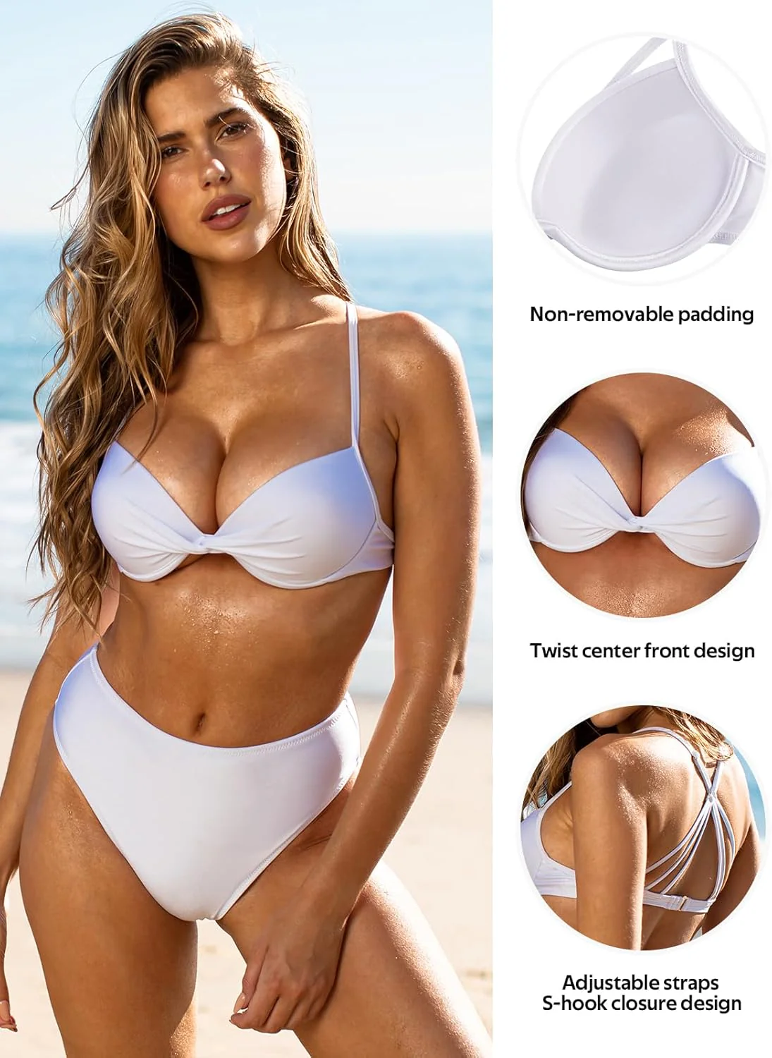 RELLECIGA Women's Underwire Push-Up Bikini Top, White, Large Size, Tops NEW - Image 3