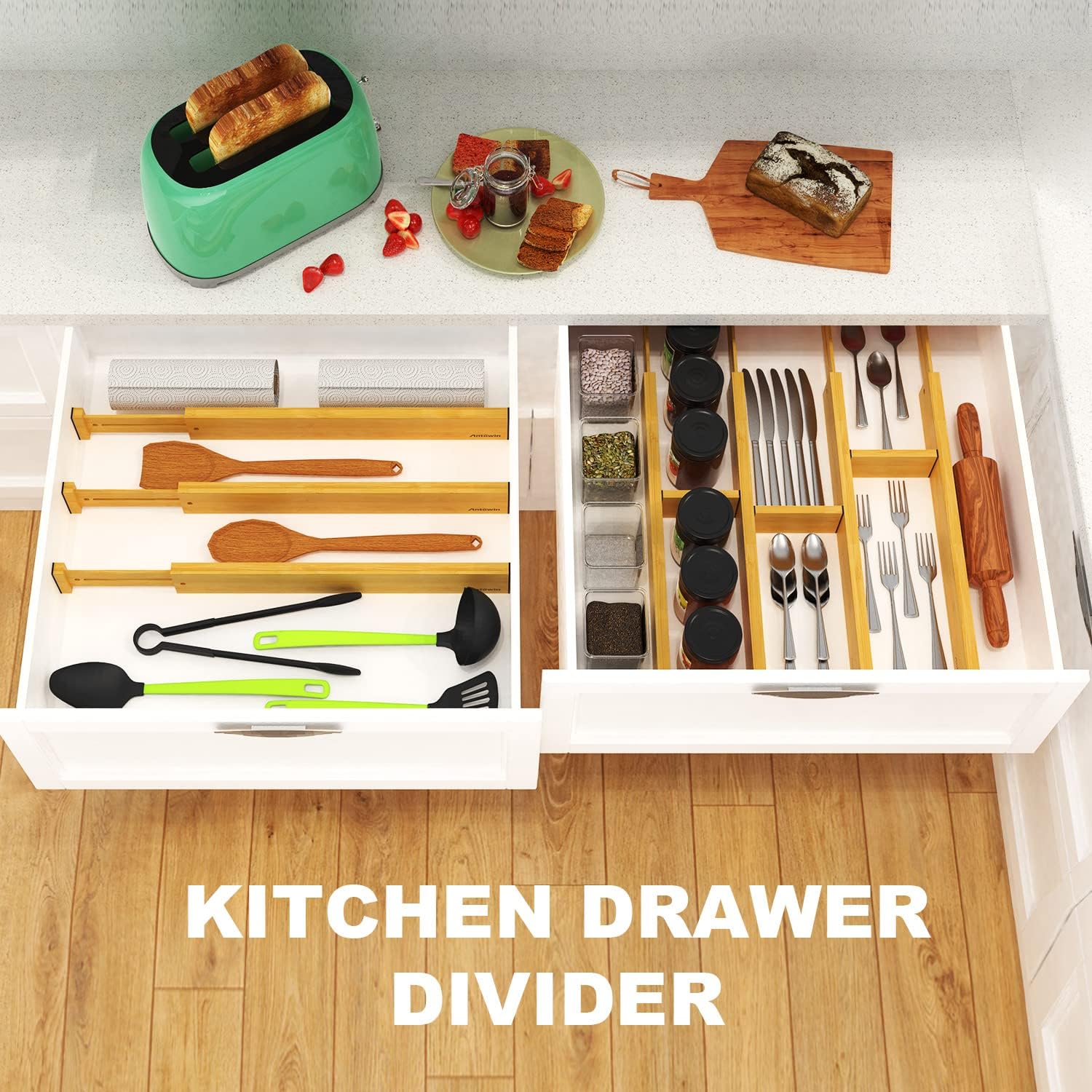 ANTOWIN Expandable Bamboo Drawer Dividers Organizer Kitchen Storage DEMO - Image 6