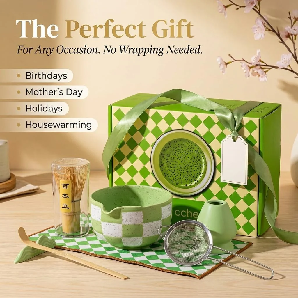 Ceramic Tea Tea Sets Set 8Pcs with Bowl Sifter Whisk Scoop Green White NEW - Image 4