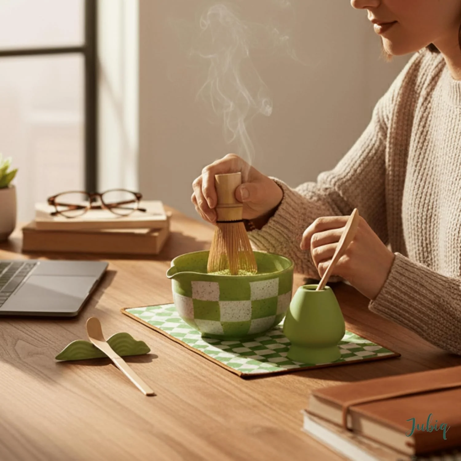 Ceramic Tea Tea Sets Set 8Pcs with Bowl Sifter Whisk Scoop Green White NEW - Image 7