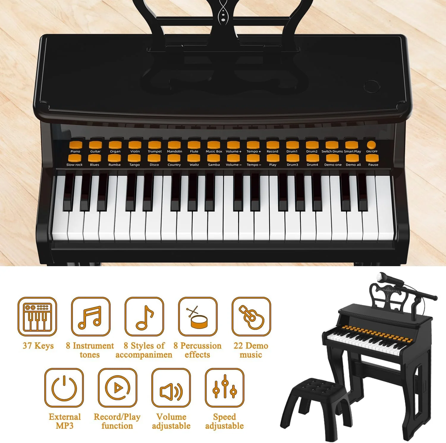 37-Key Electric Piano Keyboard Toy for Kids Toddlers 8 Tones Black Size 9 DEMO - Image 2