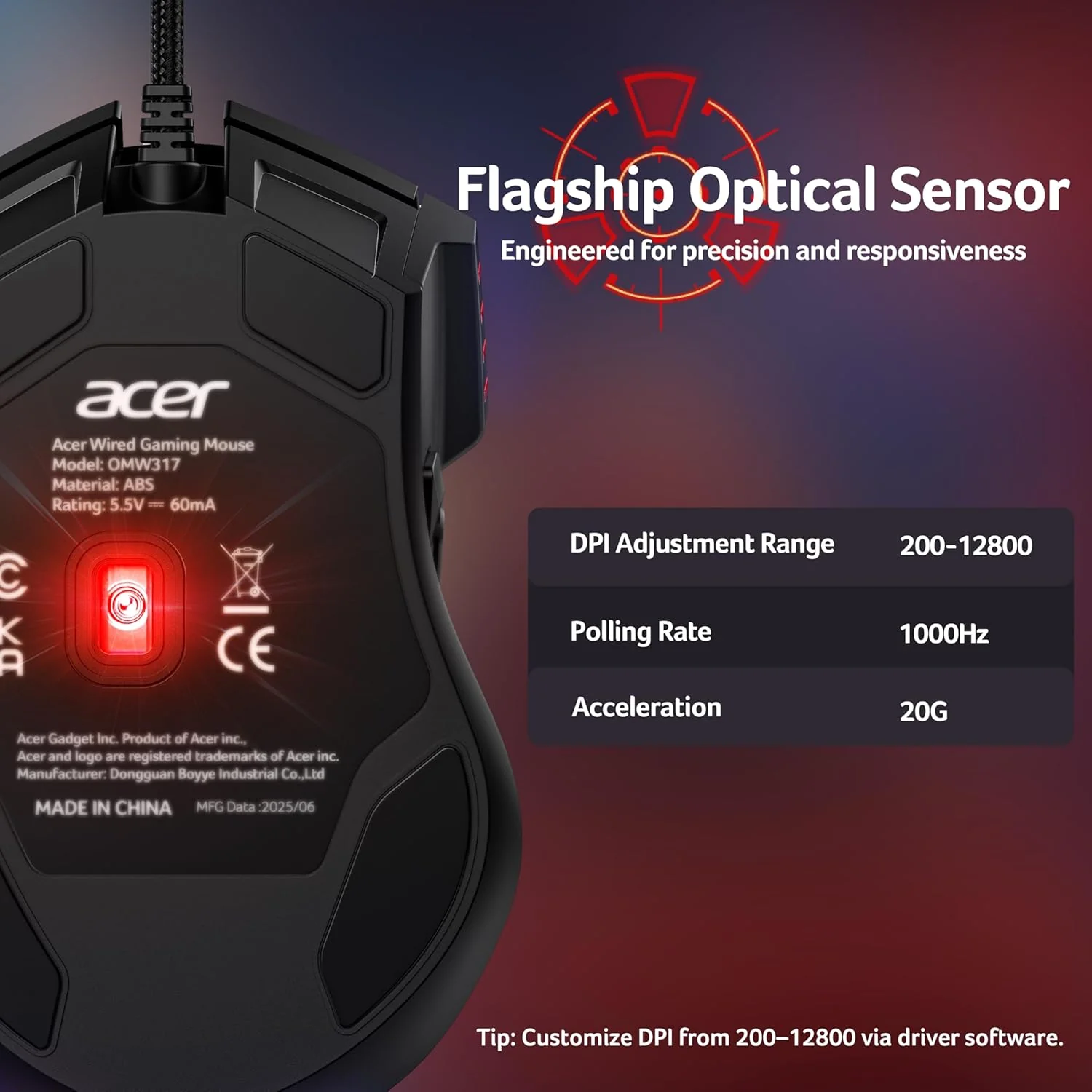 Acer High-Precision Wired Gaming Mouse with 12800 DPI Optical Sensor, Black DEMO - Image 2