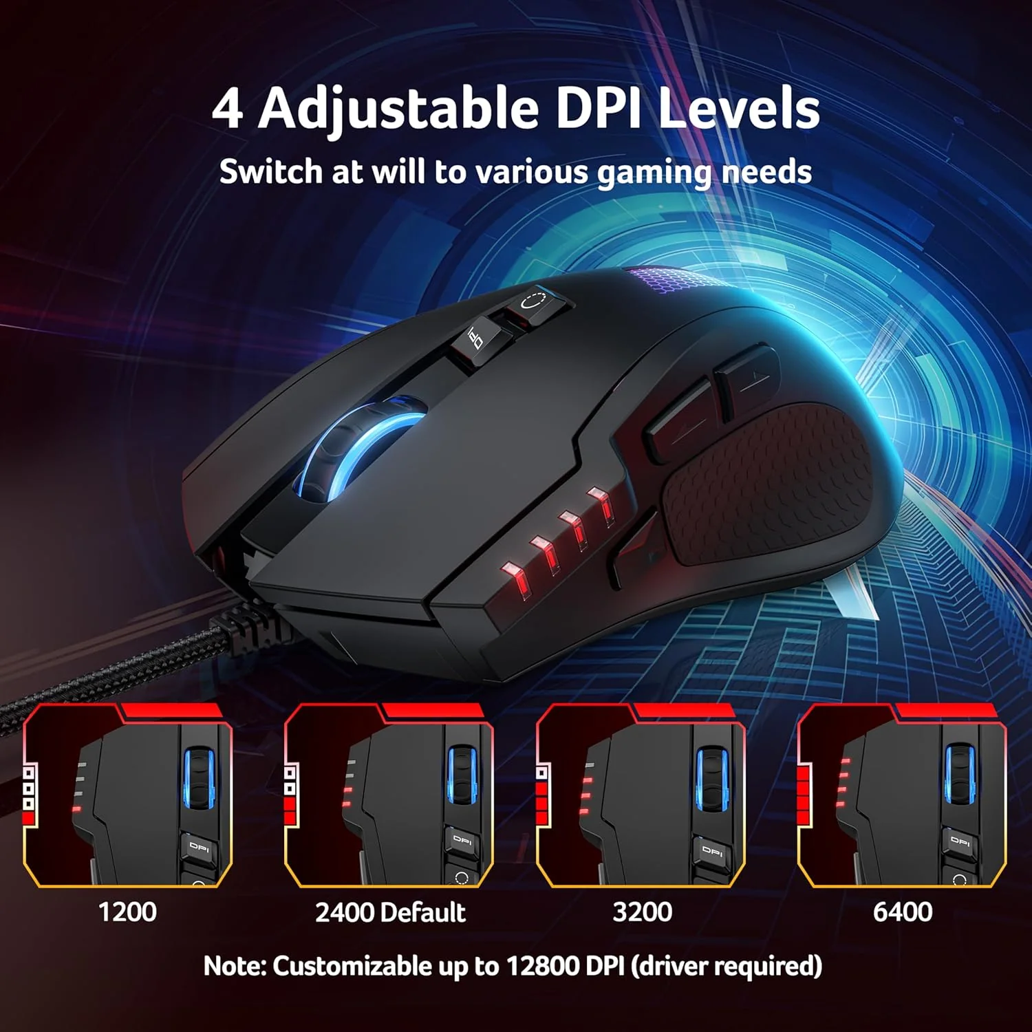 Acer High-Precision Wired Gaming Mouse with 12800 DPI Optical Sensor, Black DEMO - Image 3