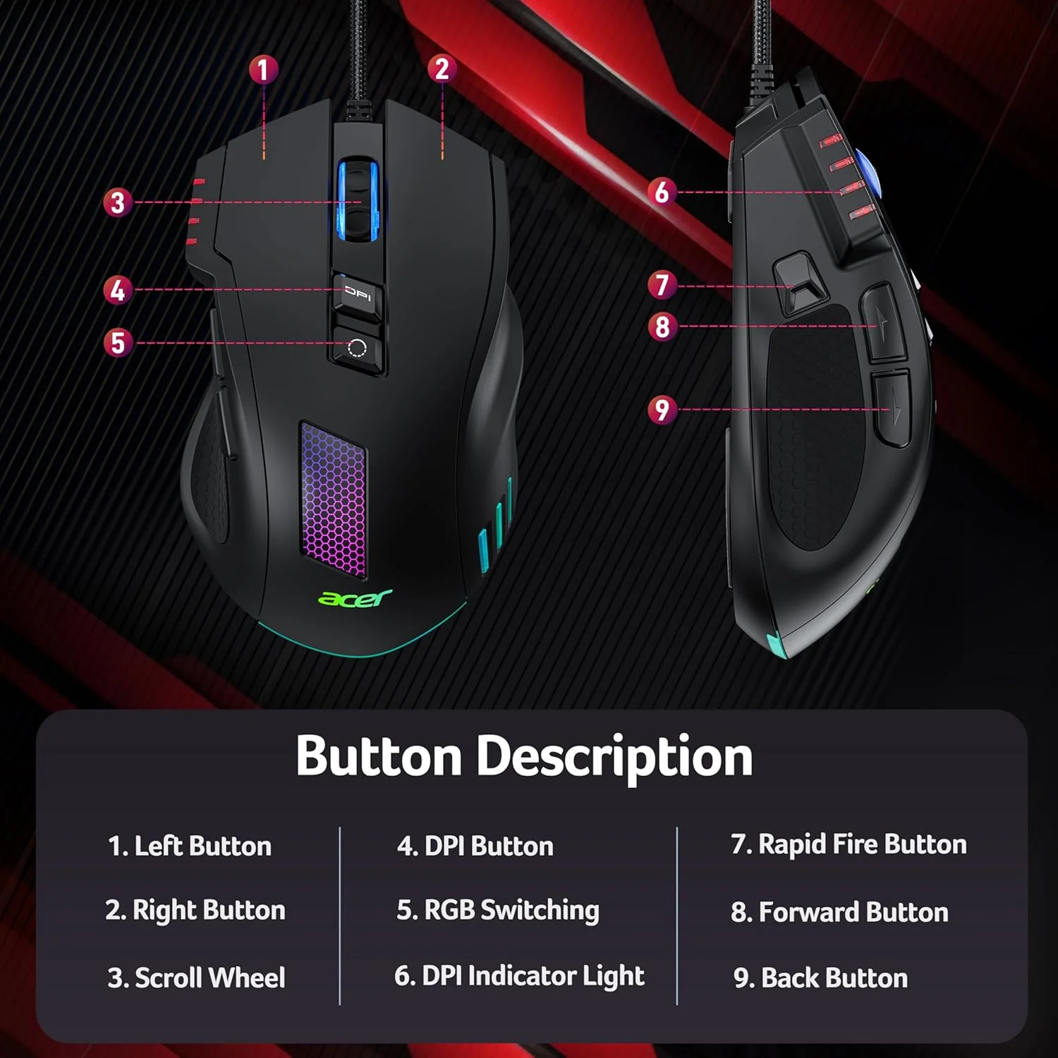 Acer High-Precision Wired Gaming Mouse with 12800 DPI Optical Sensor, Black DEMO - Image 8