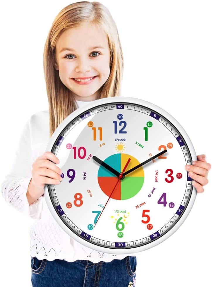 Small White Wall Clock for Learning to Tell Time - Decorative Analog Kids DEMO - Image 4