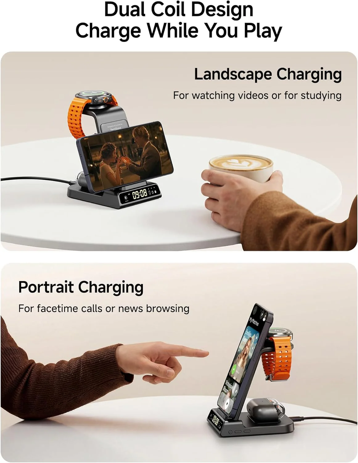 3-in-1 Wireless Charging Station for Smartphones, Black - Induction Charger DEMO - Image 4