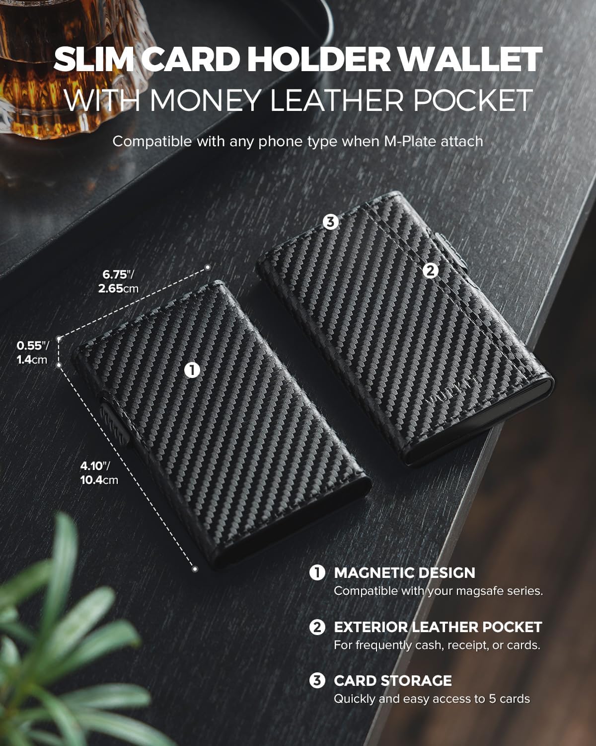 VULKIT Slim Wallets Wallet Leather Card Holder Pop-Up Phone Case Carbon DEMO - Image 6