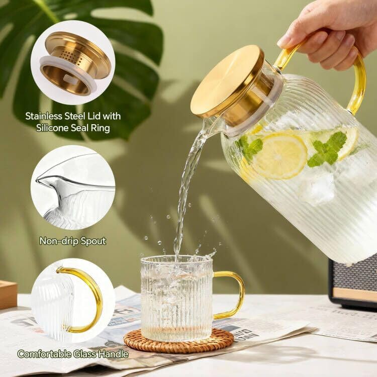 Clear & Gold Glass Water Filter Jugs with Lid and Spout Handle Size 2L NEW - Image 5