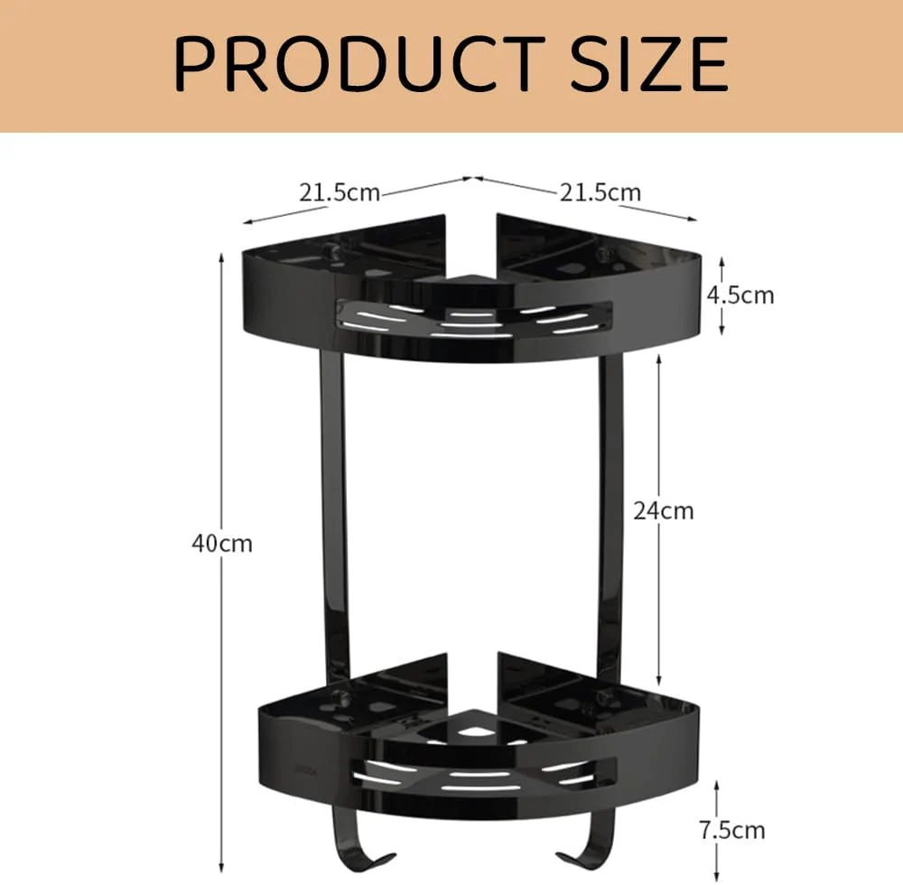 Rustproof Stainless Steel Corner Shower Caddy with Hooks, Black Bathroom DEMO - Image 2