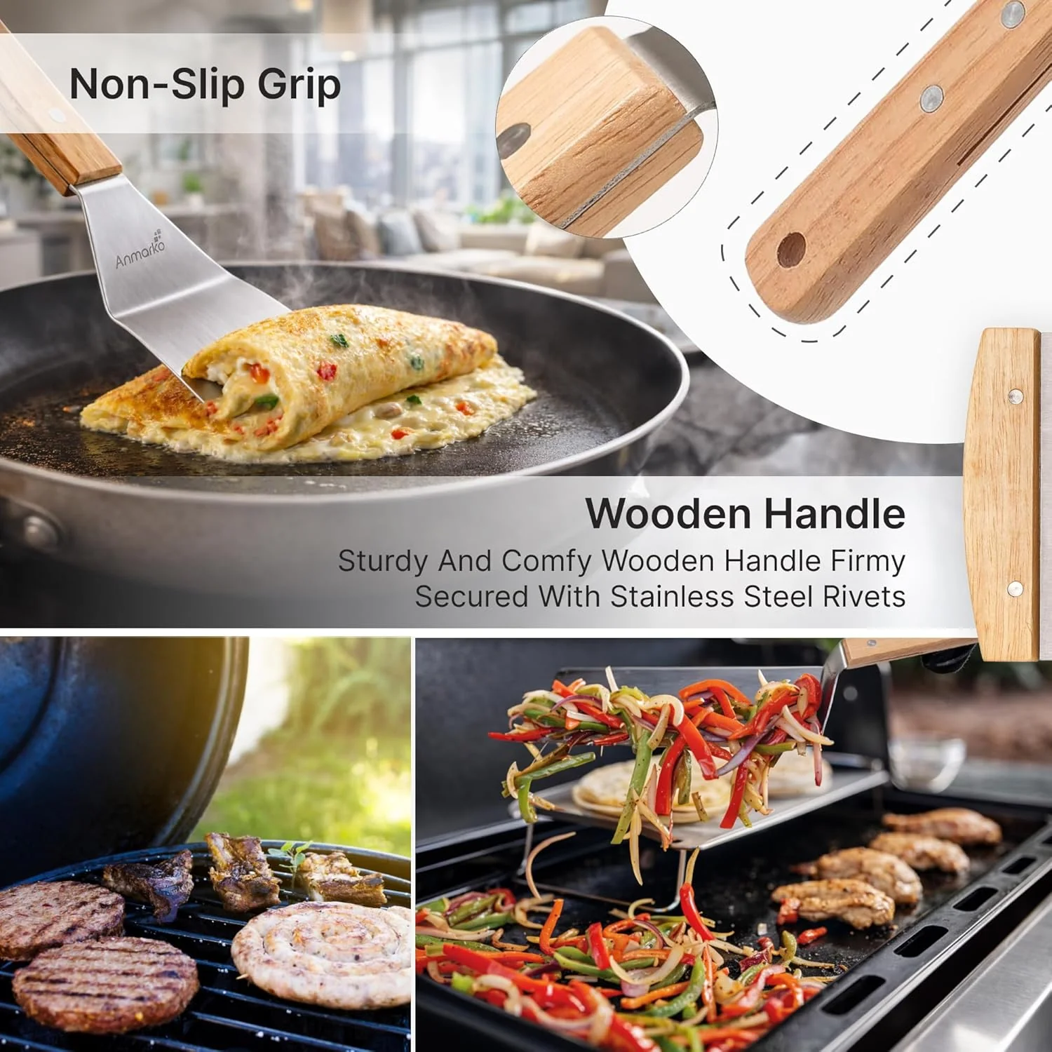 Anmarko Wooden Handle Barbecue Turners Stainless Steel Griddle Scraper 4pcs NEW - Image 4