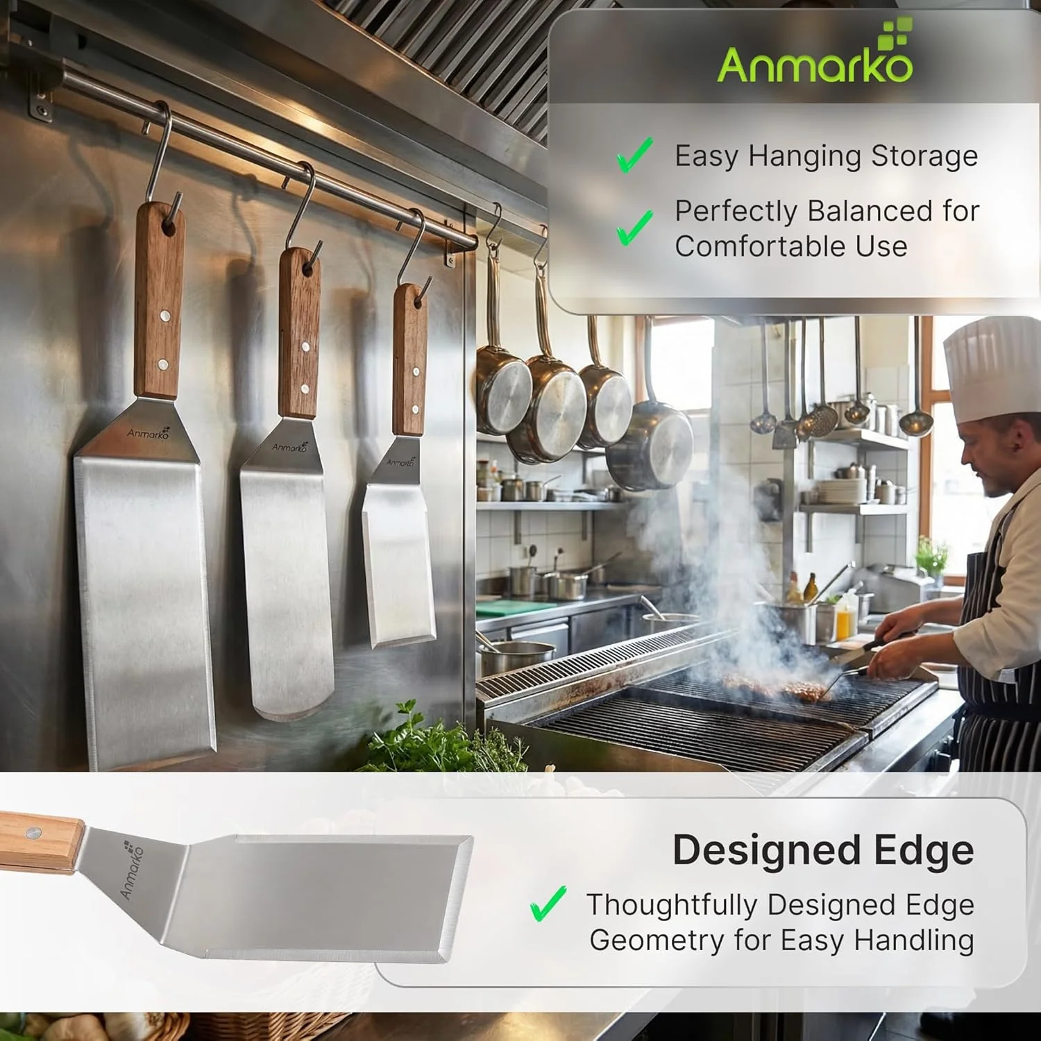 Anmarko Wooden Handle Barbecue Turners Stainless Steel Griddle Scraper 4pcs NEW - Image 5
