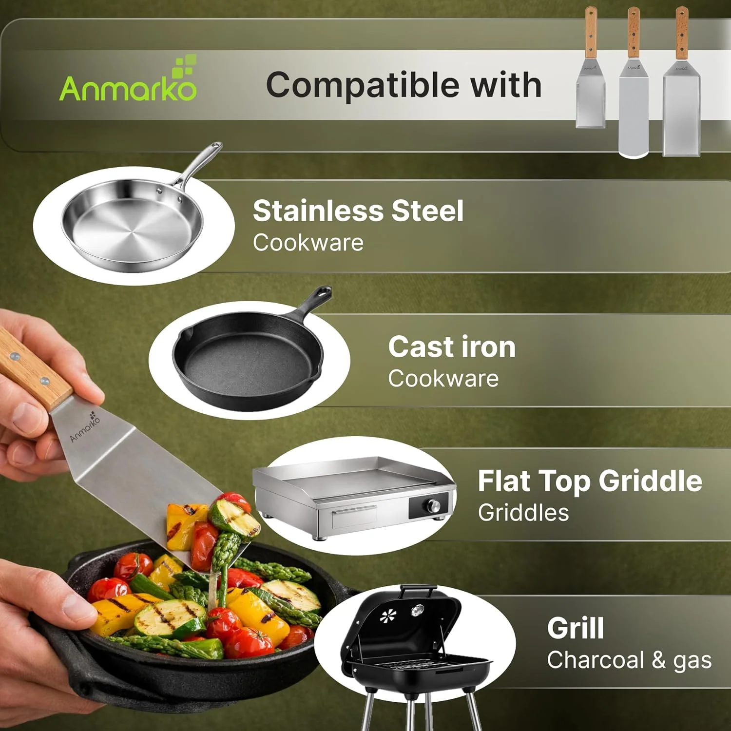 Anmarko Wooden Handle Barbecue Turners Stainless Steel Griddle Scraper 4pcs NEW - Image 6