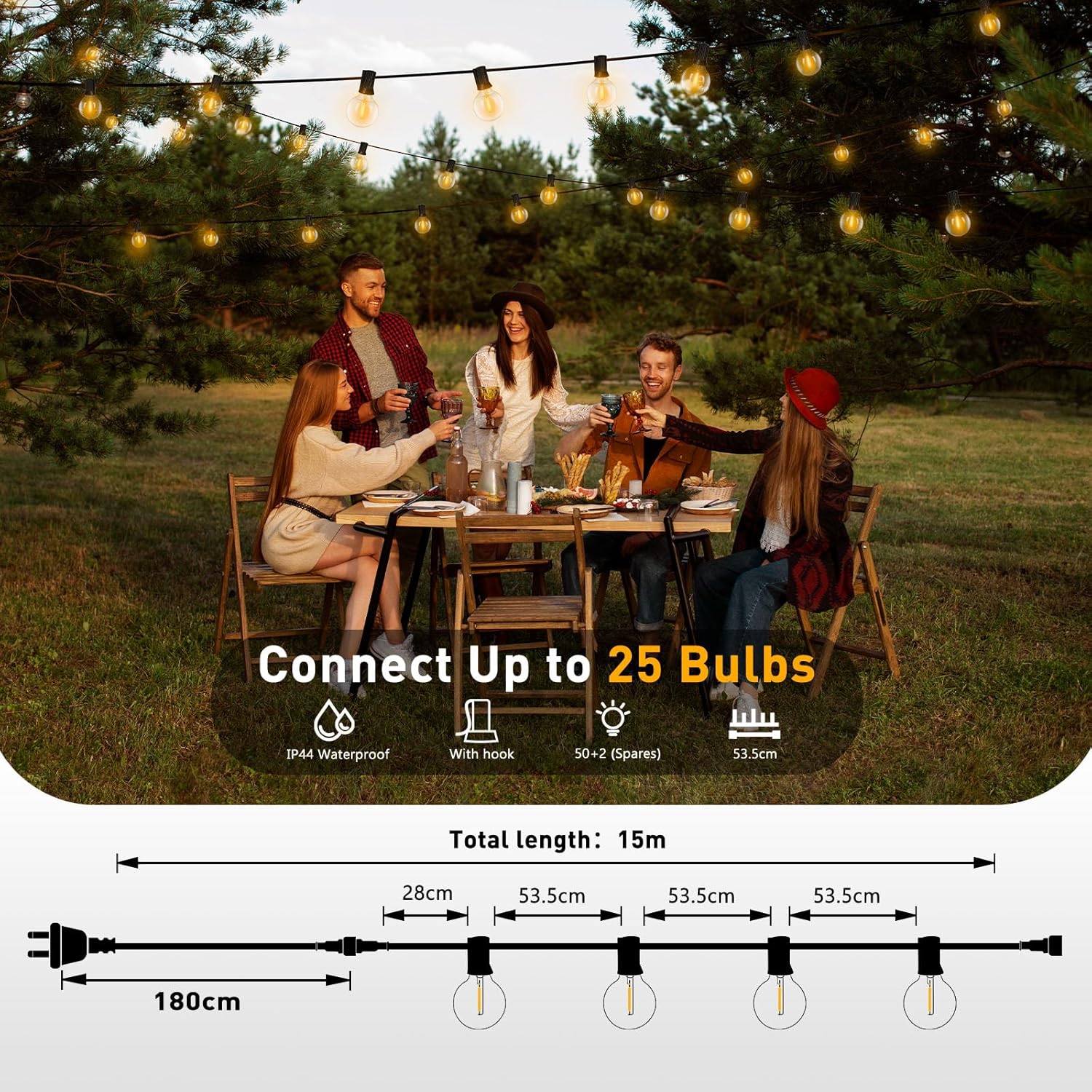 Roshin Outdoor String Lights Extensible 50+2 G4 Warm Festoon Patio 2x15m NEW - Image 2