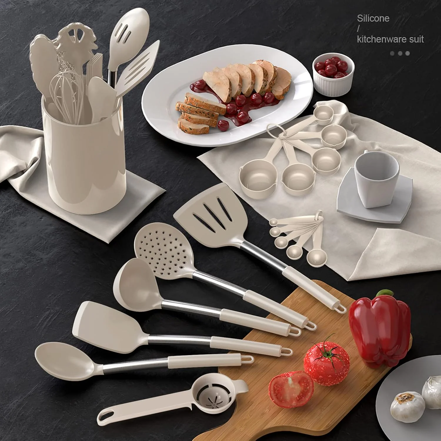 Large Silicone Cooking Spatulas Heat Resistant Kitchen Utensil Set Khaki NEW - Image 7