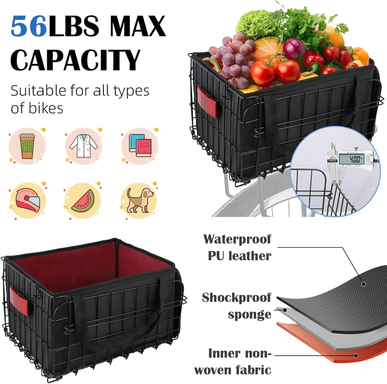Foldable Bike Basket with Detachable Waterproof Cover, Black Bicycle Size - NEW - Image 2