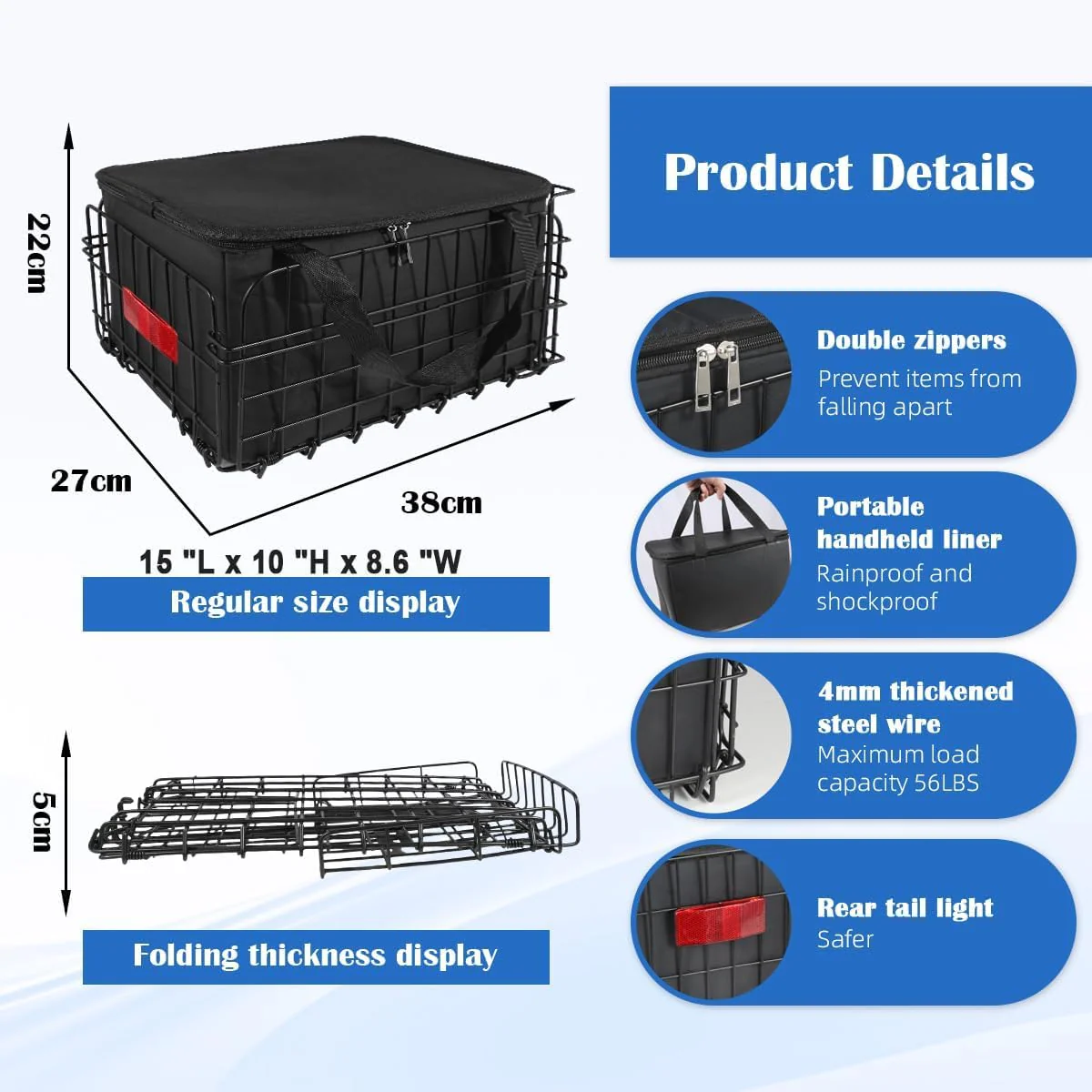 Foldable Bike Basket with Detachable Waterproof Cover, Black Bicycle Size - NEW - Image 4