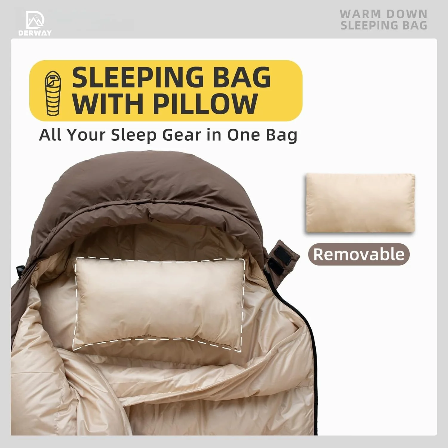 Derway Ultralight 500g Down Rectangular Sleeping Bag for Camping in Coffee NEW - Image 3