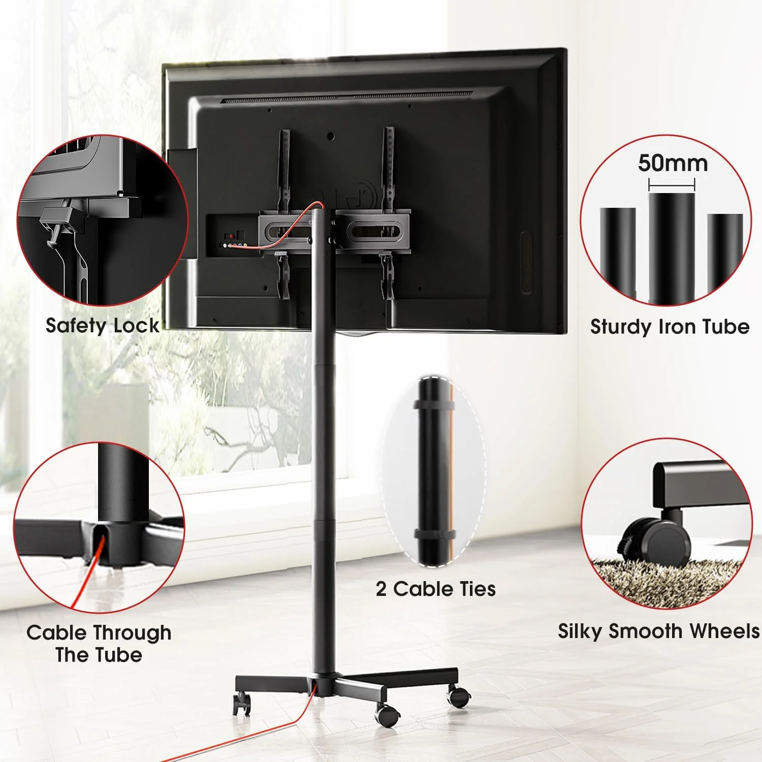 AOKCOS Height Adjustable Mobile TV Stand for 32-65 Inch TVs up to 88 lbs NEW - Image 7