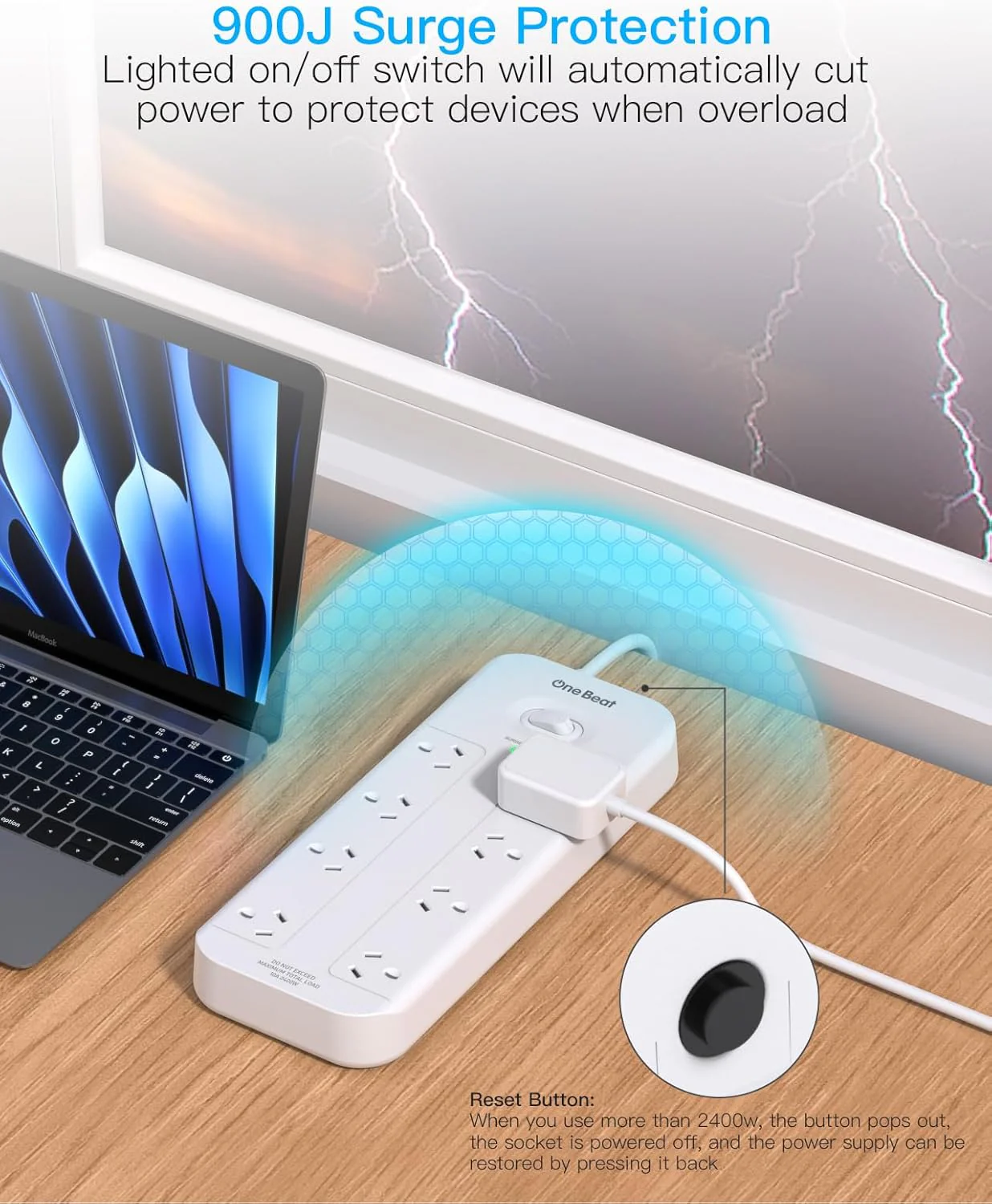 One Beat 8-Outlet Power Strip with USB Charging Ports, White, for Home & NEW - Image 4