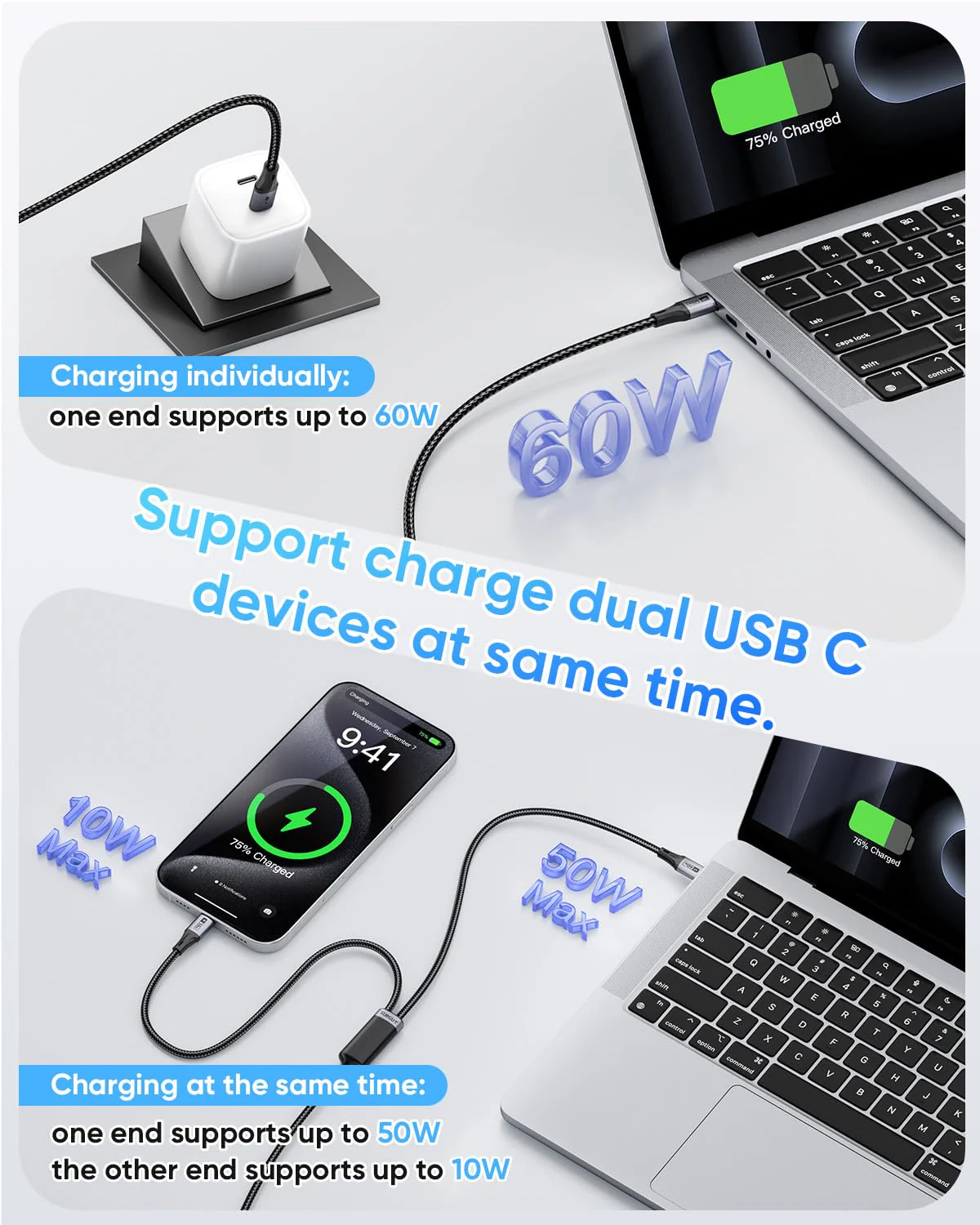 SUNGUY 2-in-1 USB Cables USB-C Fast Charging Cable, 60W Max, 2m, Grey, for NEW - Image 2
